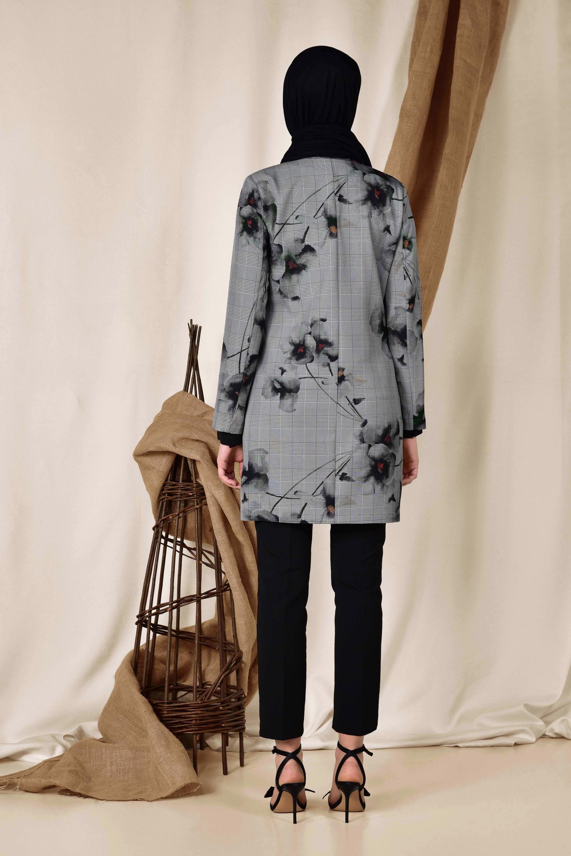 Hijab clothing BLACK FLORAL PATTERN CHECKED JACKET 4961 