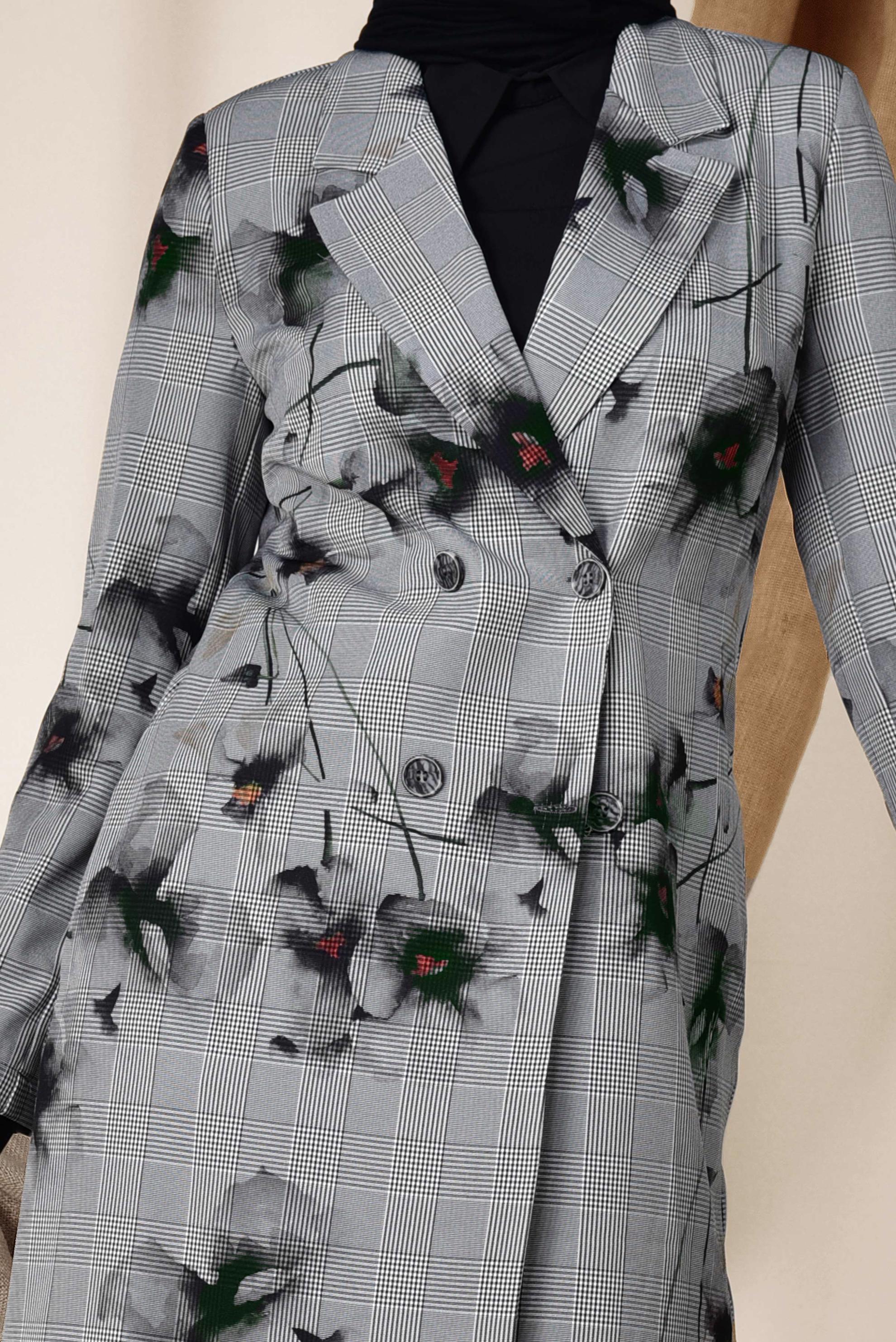 Hijab clothing BLACK FLORAL PATTERN CHECKED JACKET 4961 