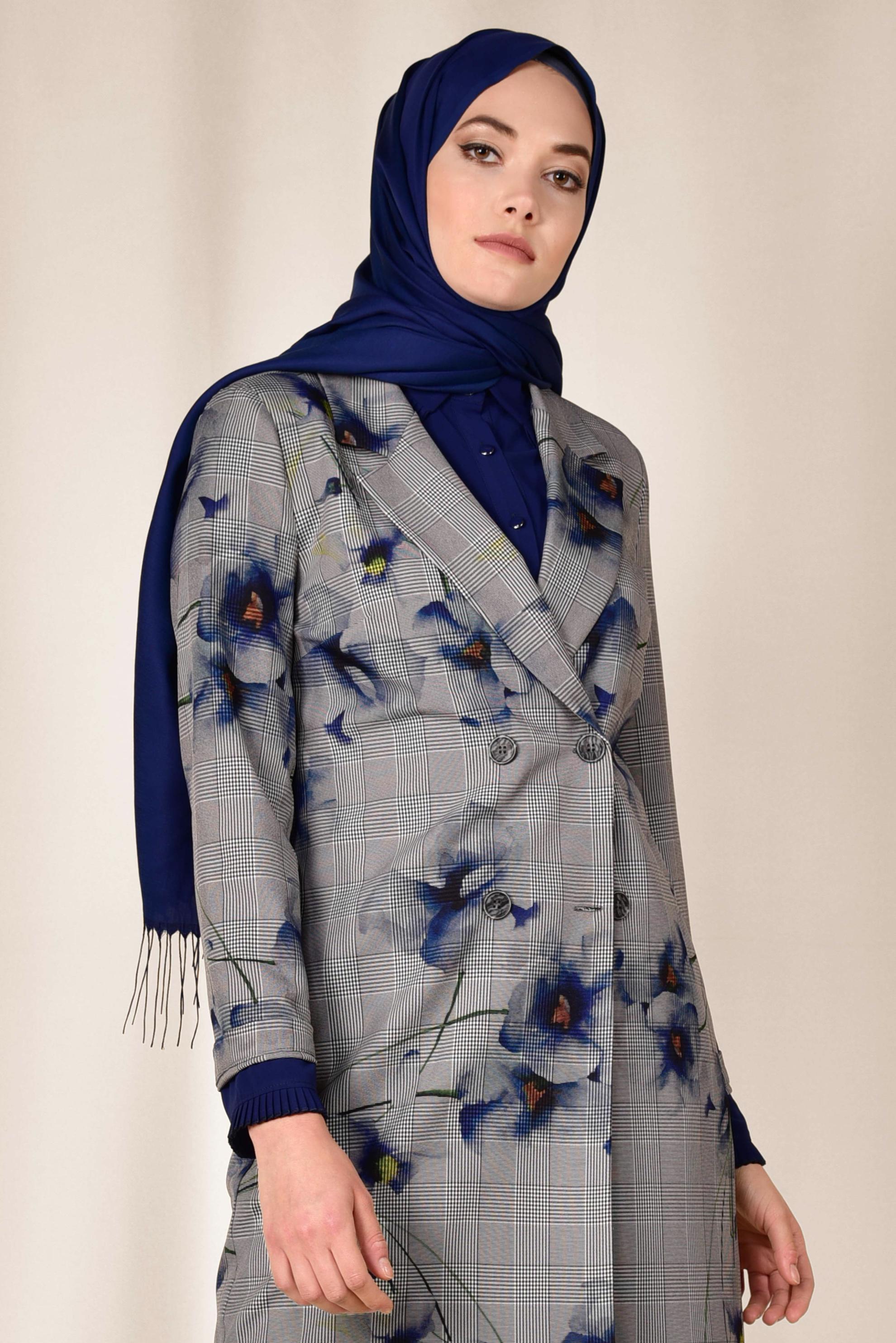 Hijab clothing BLACK FLORAL PATTERN CHECKED JACKET 4961 