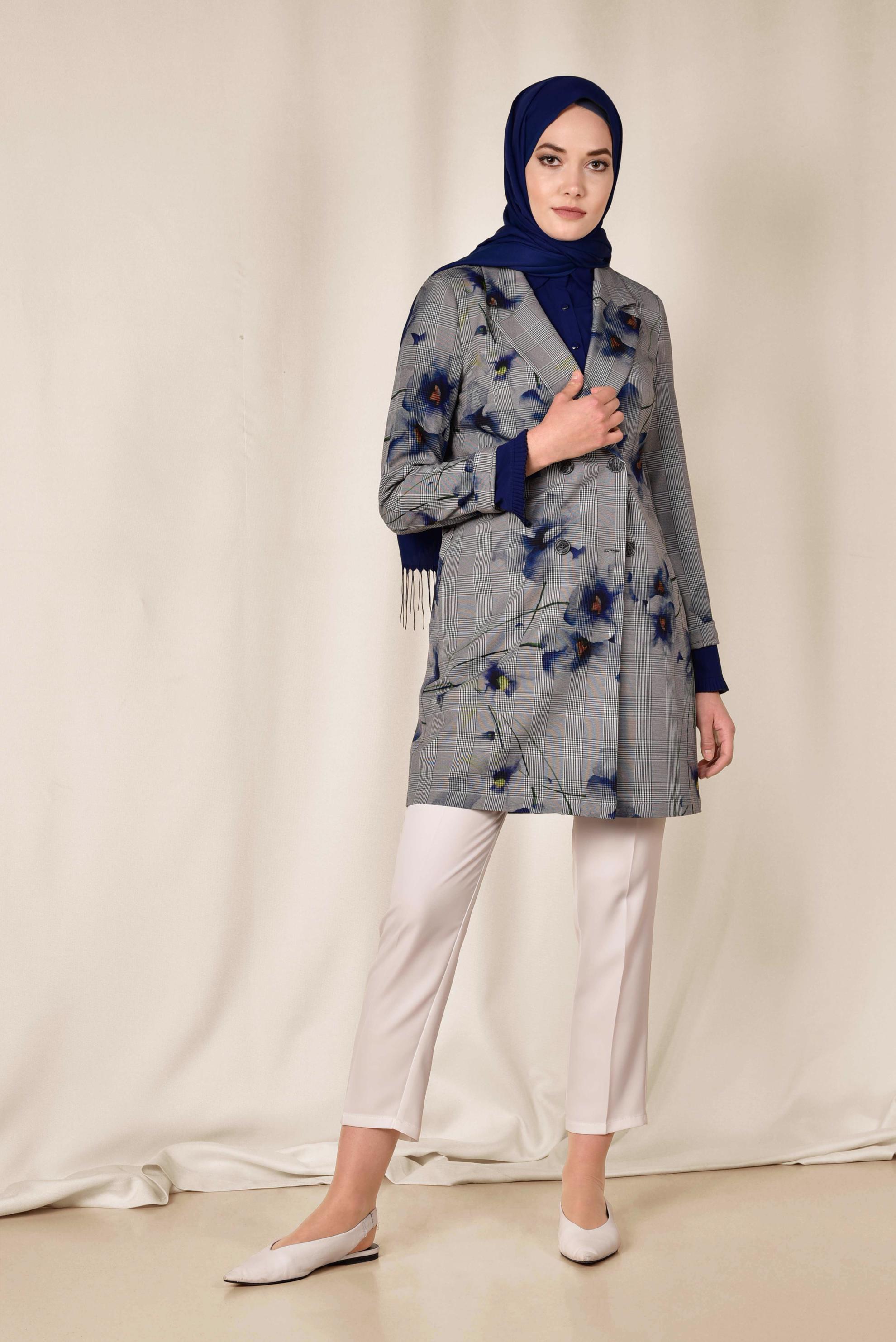 Hijab clothing BLACK FLORAL PATTERN CHECKED JACKET 4961 