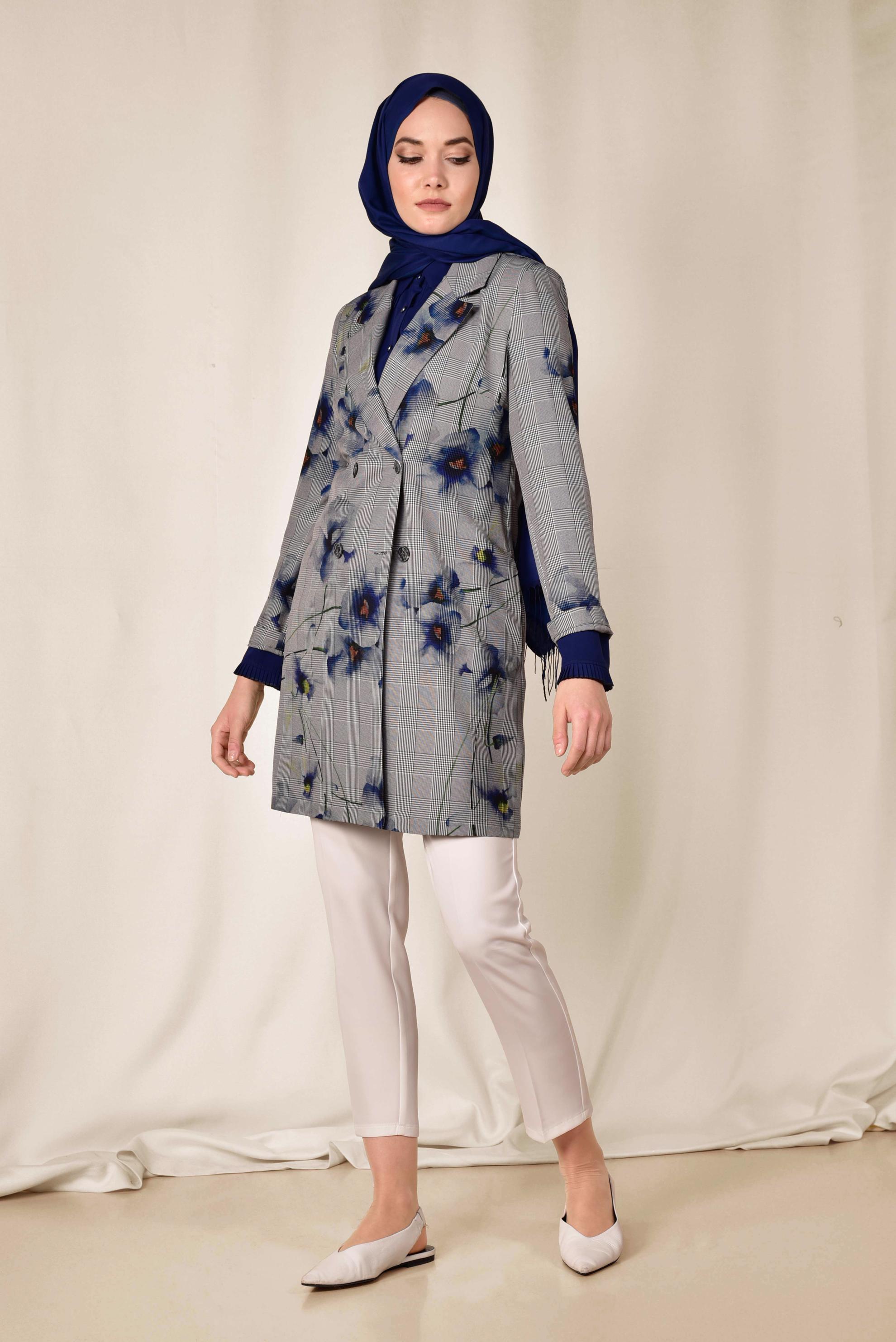 Hijab clothing BLACK FLORAL PATTERN CHECKED JACKET 4961 