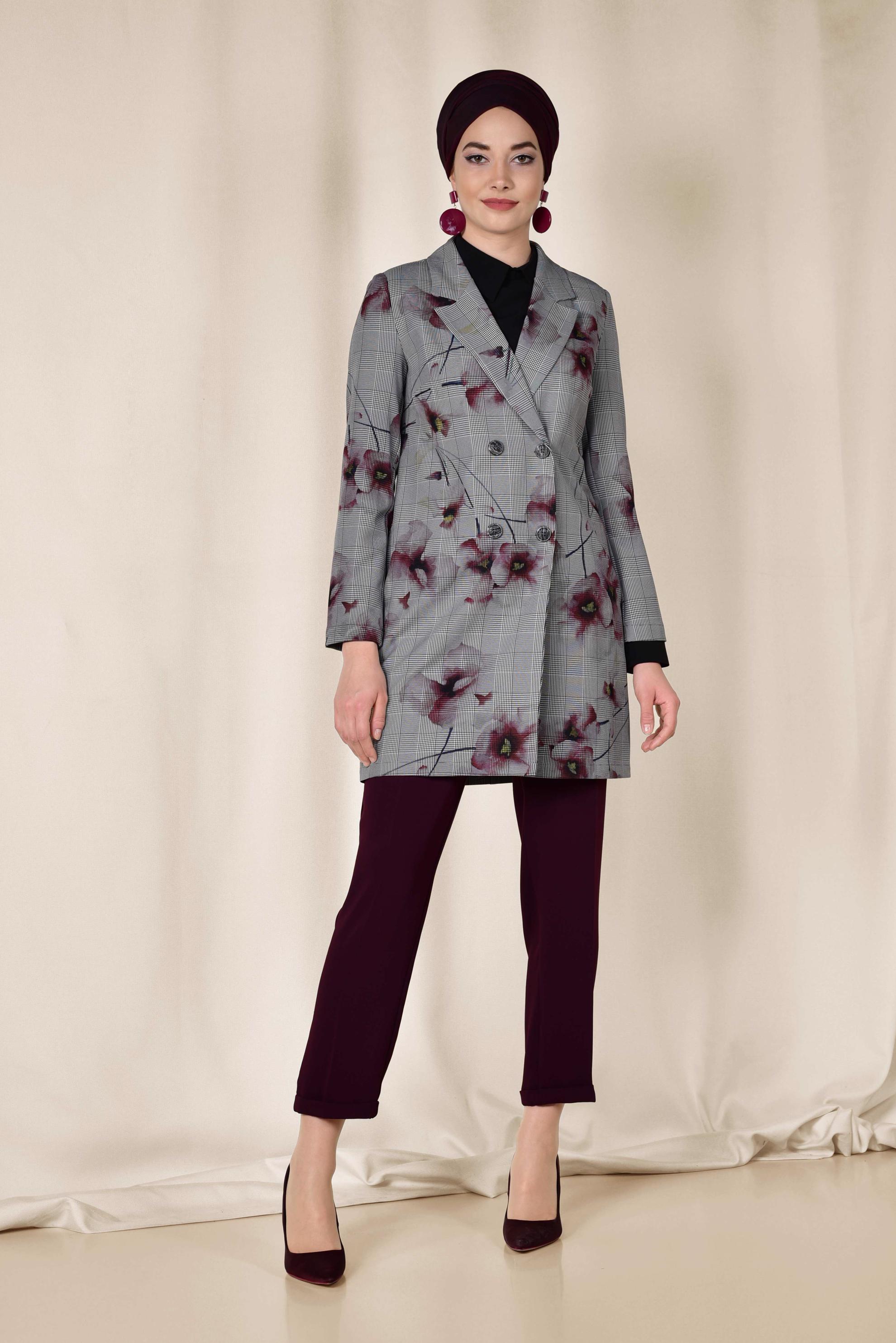 Hijab clothing BLACK FLORAL PATTERN CHECKED JACKET 4961 