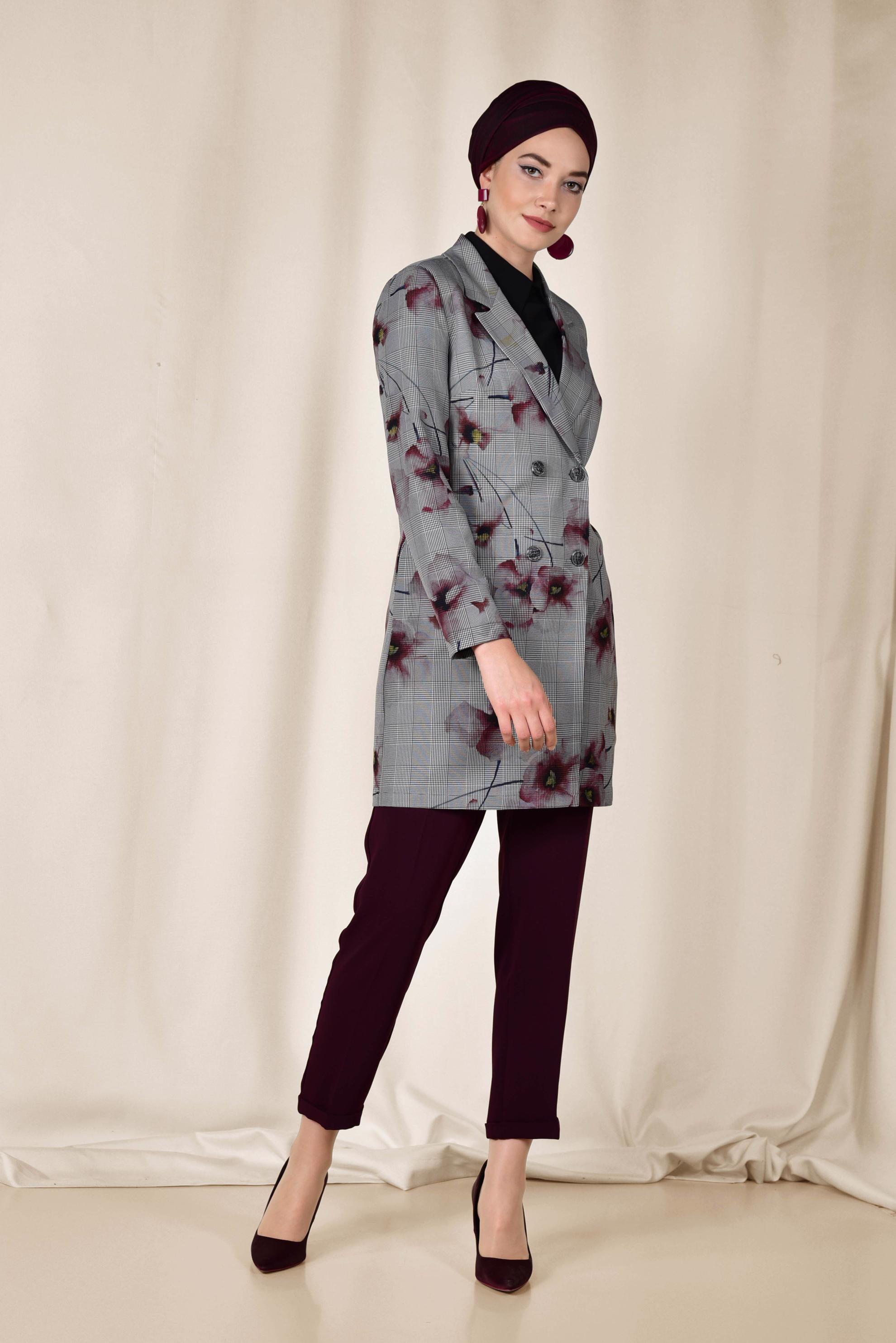 Hijab clothing BLACK FLORAL PATTERN CHECKED JACKET 4961 