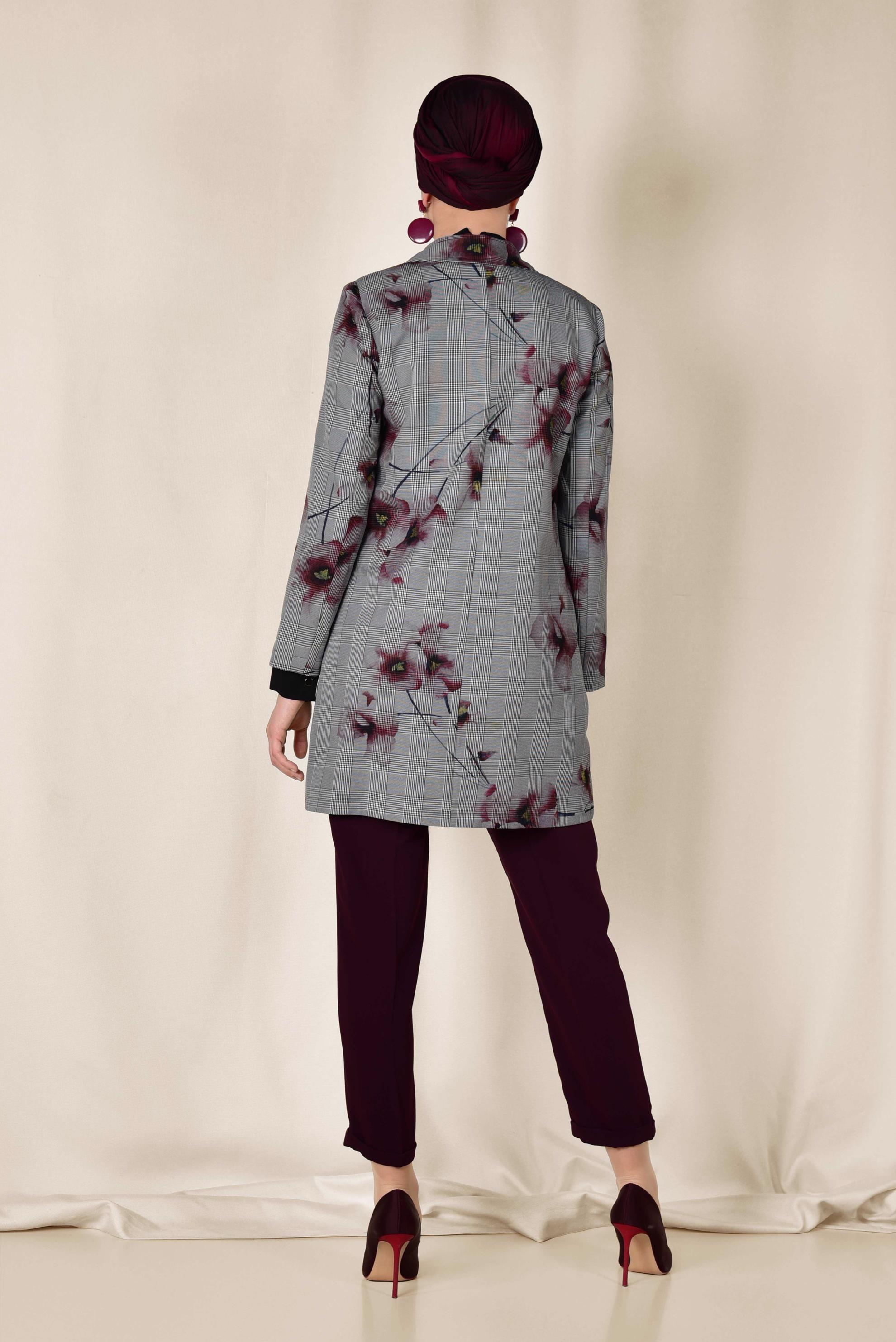 Hijab clothing BLACK FLORAL PATTERN CHECKED JACKET 4961 