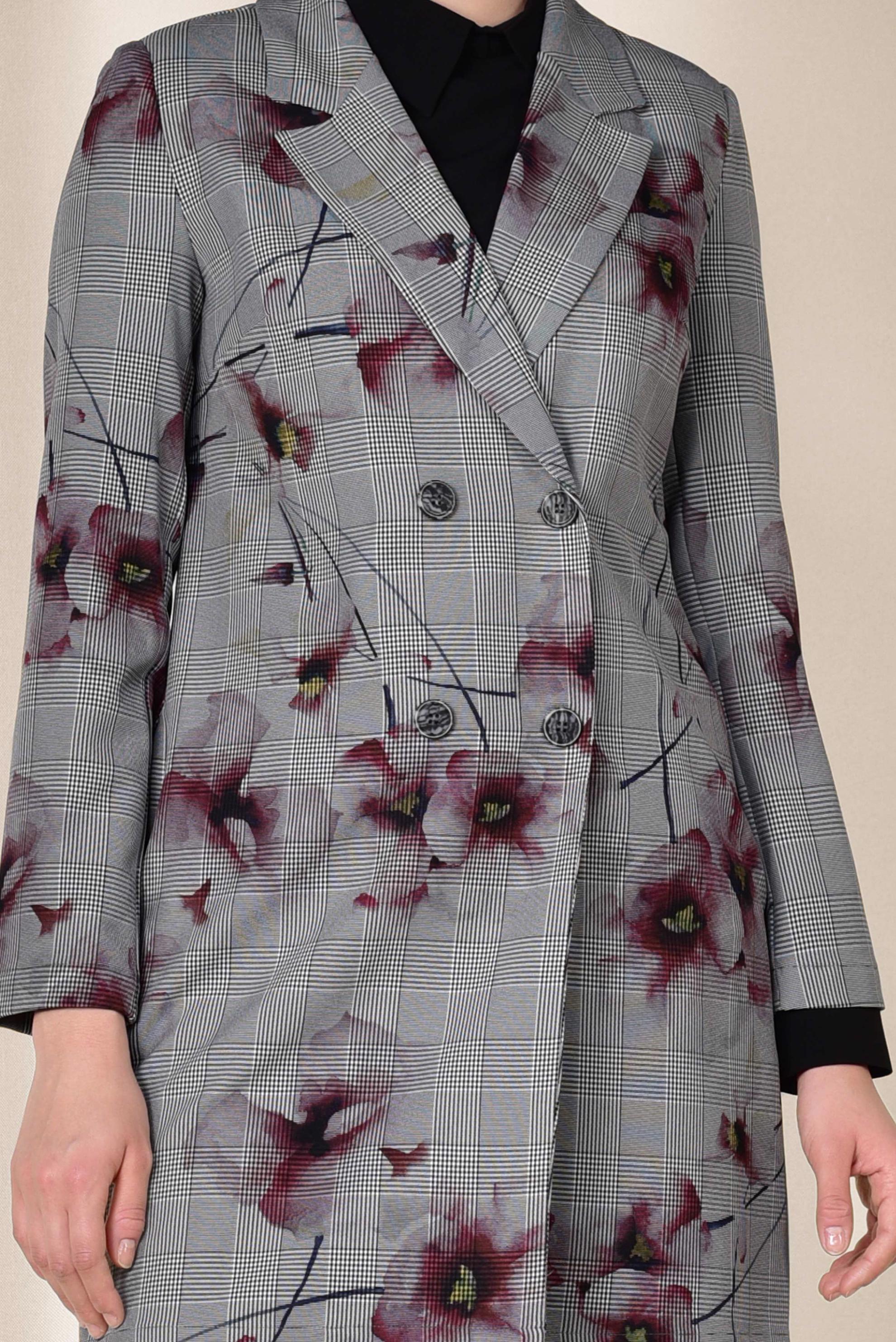 Hijab clothing BLACK FLORAL PATTERN CHECKED JACKET 4961 