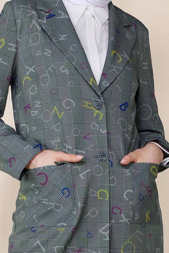 Hijab clothing GREY SLOGAN PATTERN CHECKED JACKET 4962  - ALVİNA