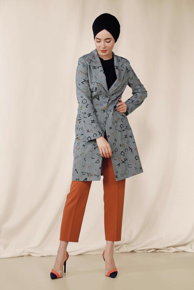 Hijab clothing GREY SLOGAN PATTERN CHECKED JACKET 4962  - ALVİNA