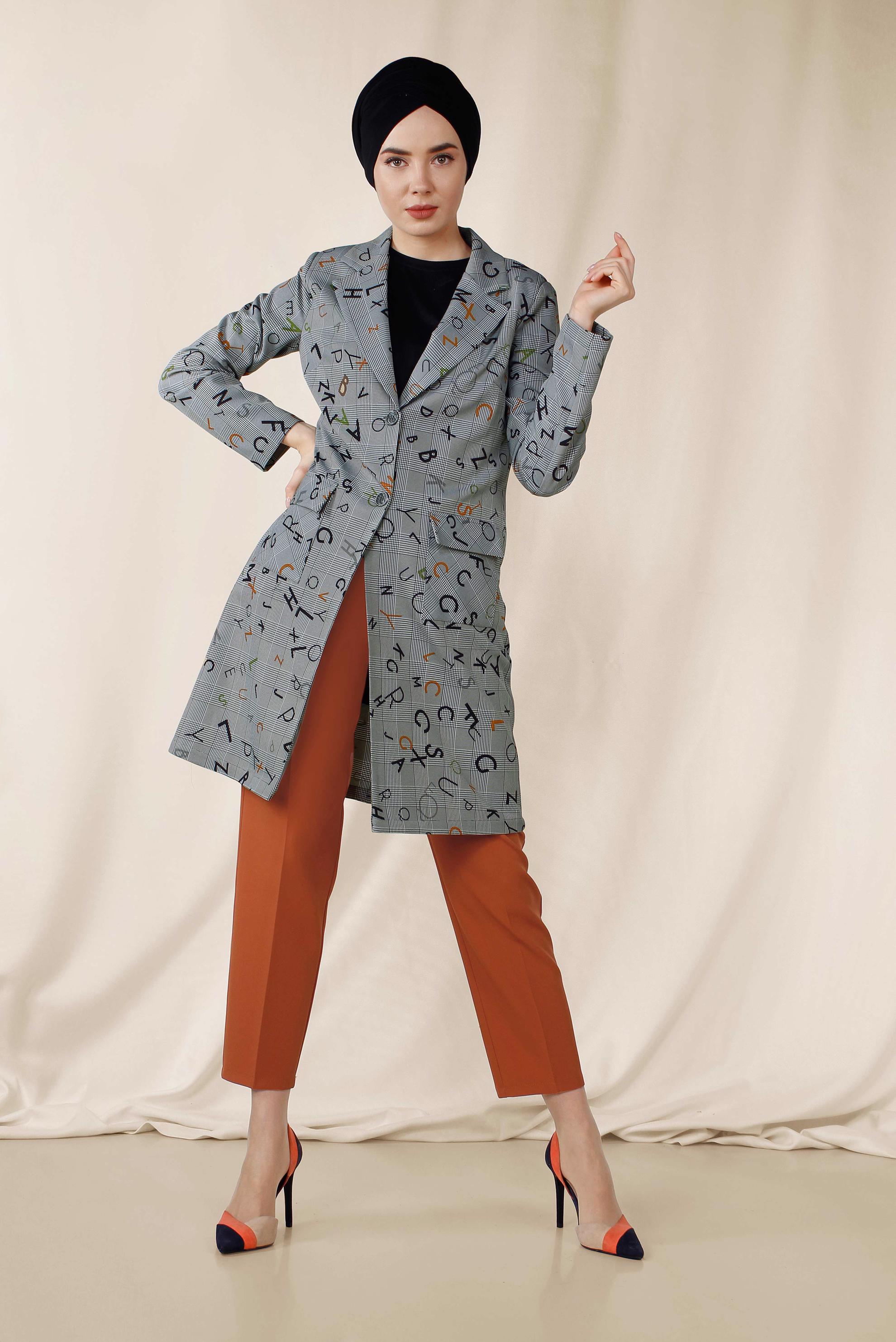 Hijab clothing GREY SLOGAN PATTERN CHECKED JACKET 4962 