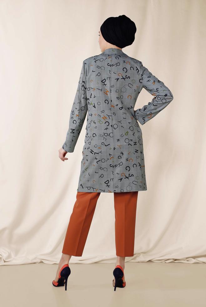 Hijab clothing GREY SLOGAN PATTERN CHECKED JACKET 4962  - ALVİNA