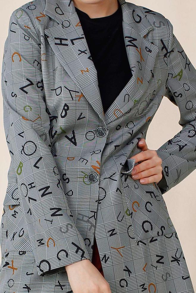 Hijab clothing GREY SLOGAN PATTERN CHECKED JACKET 4962  - ALVİNA