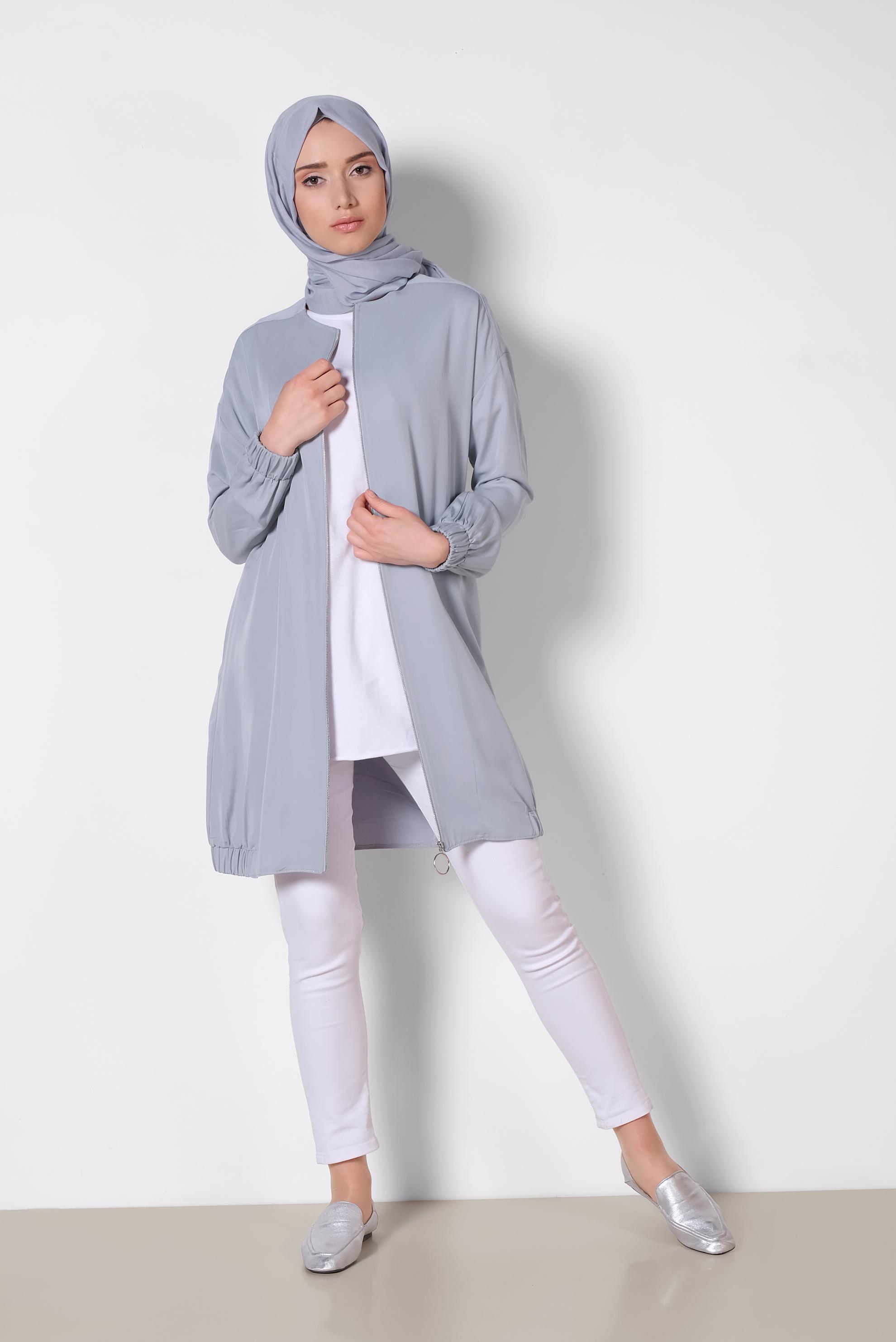 Hijab clothing GREY ELASTIC DETAIL ZIPPERED JACKET 4972 