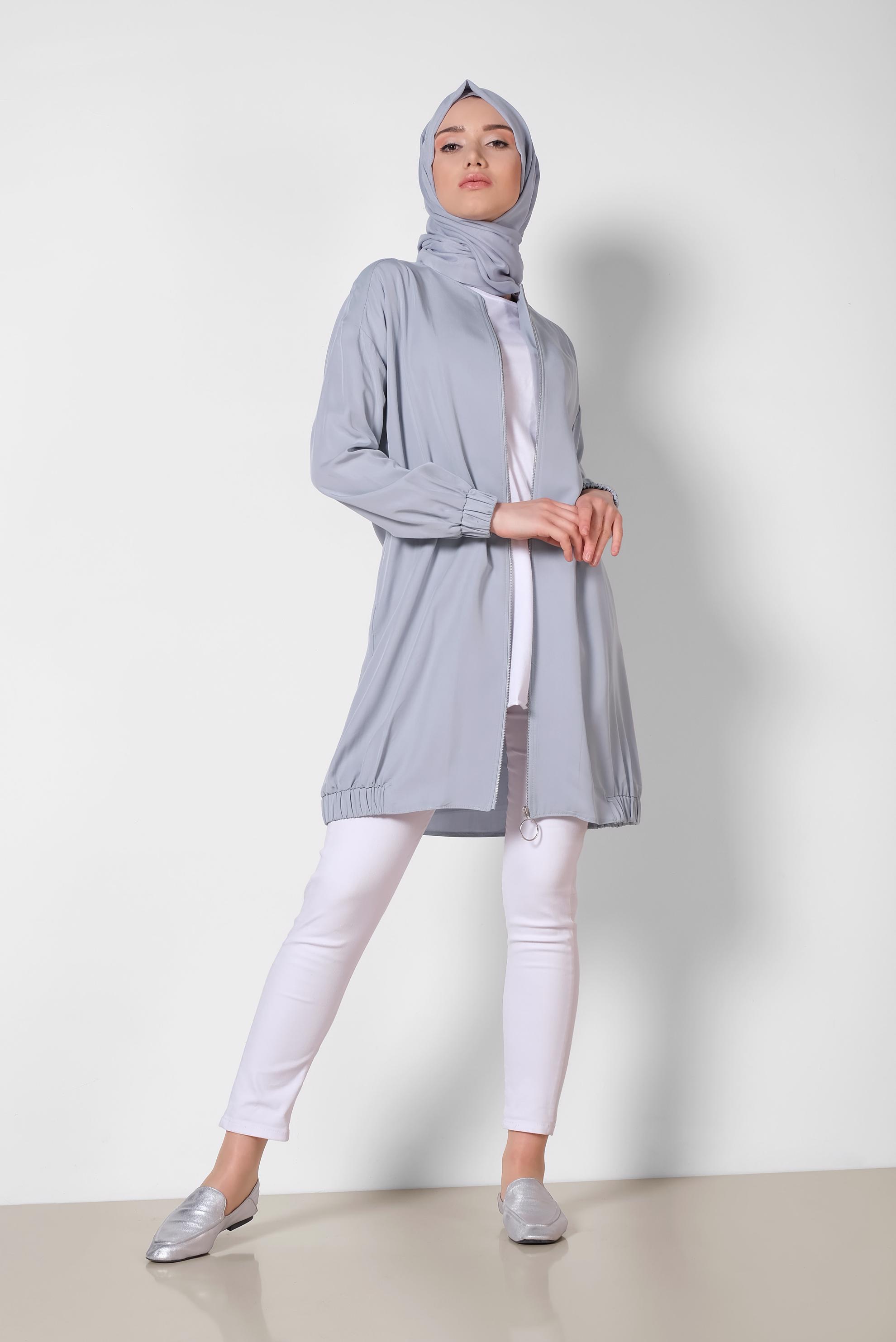 Hijab clothing GREY ELASTIC DETAIL ZIPPERED JACKET 4972 