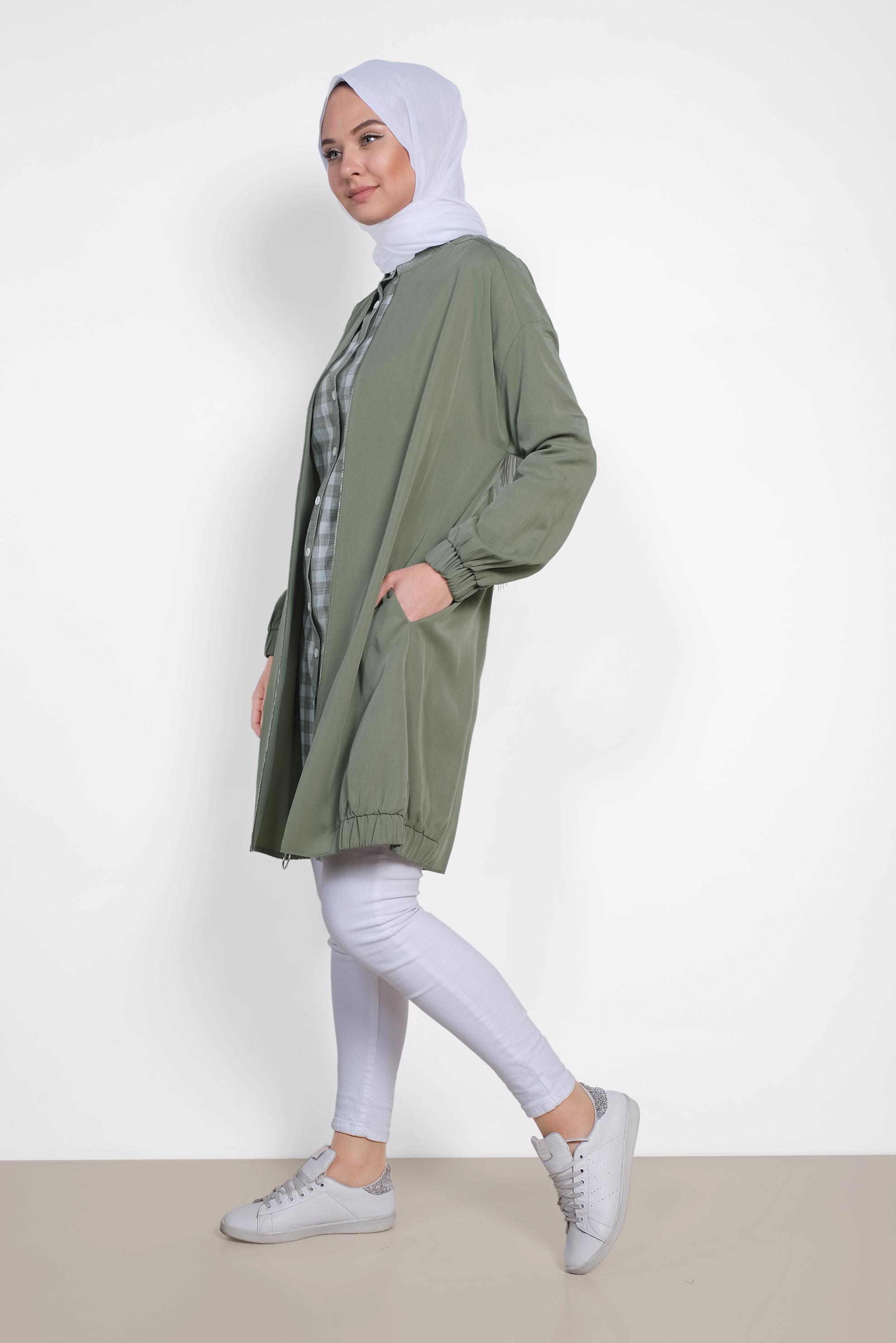 Hijab clothing KHAKI ELASTIC DETAIL ZIPPERED JACKET 4972 
