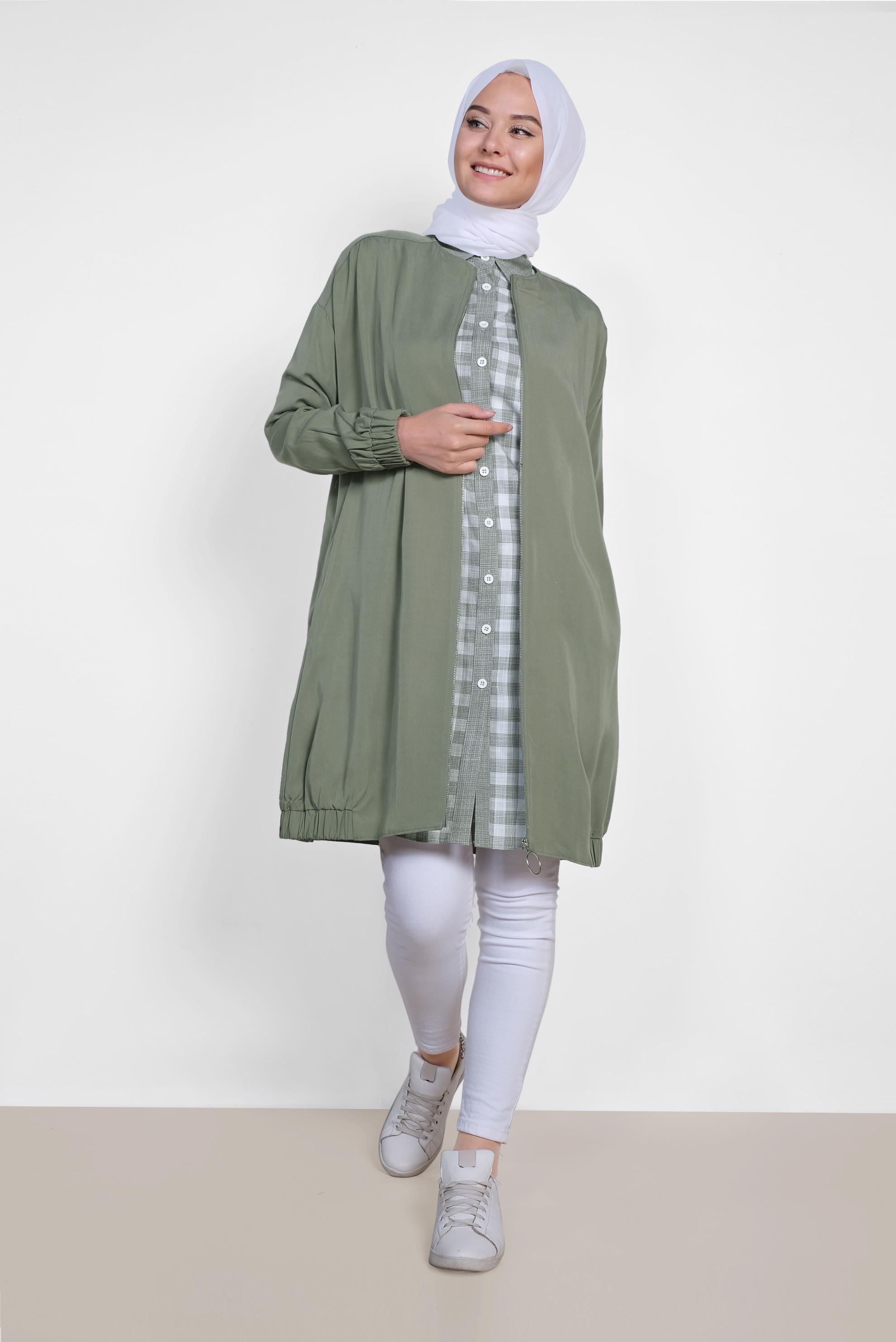 Hijab clothing KHAKI ELASTIC DETAIL ZIPPERED JACKET 4972 