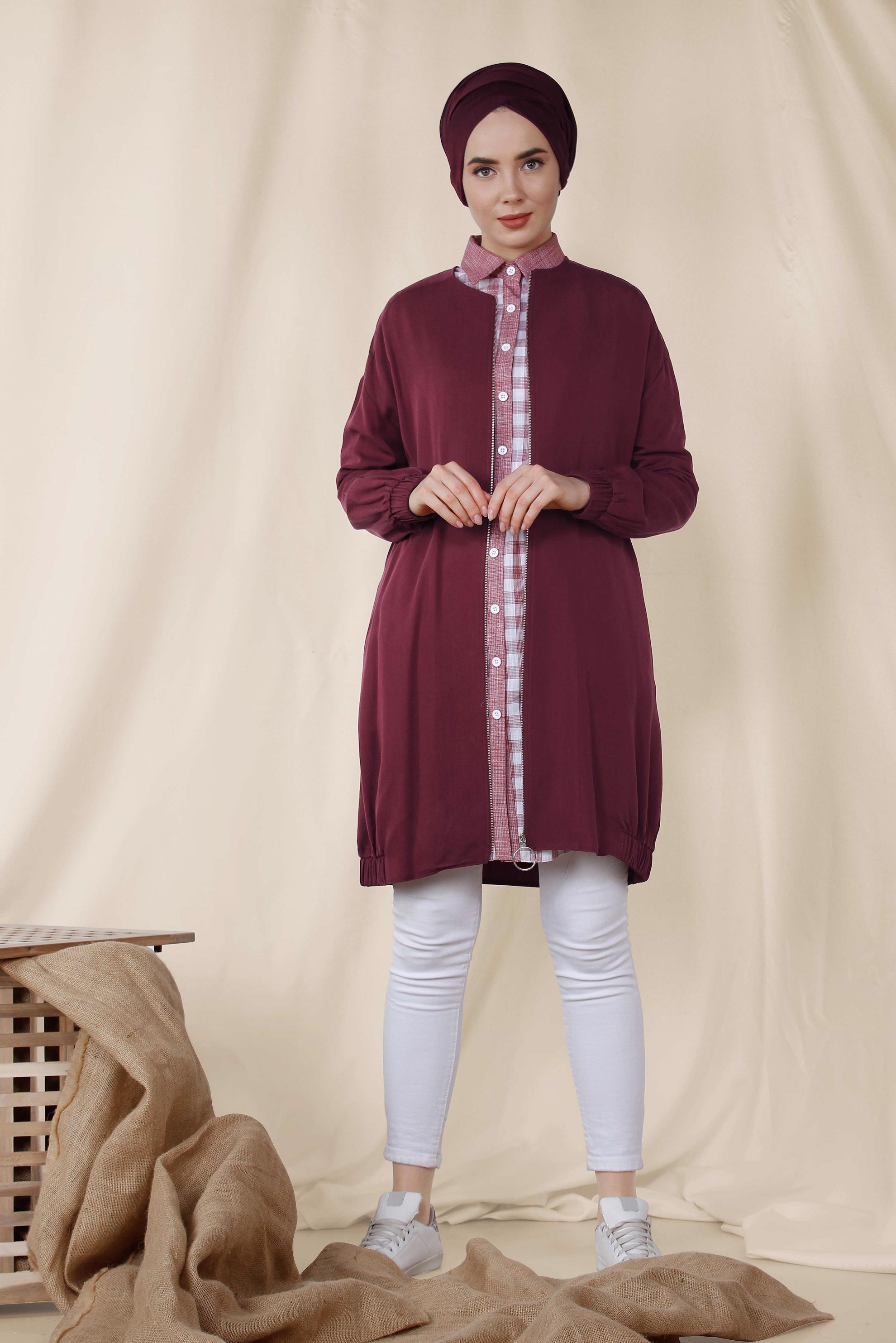 Tesettür giyim BORDO LASTİK DETAYLI FERMUARLI GİY ÇIK 4972