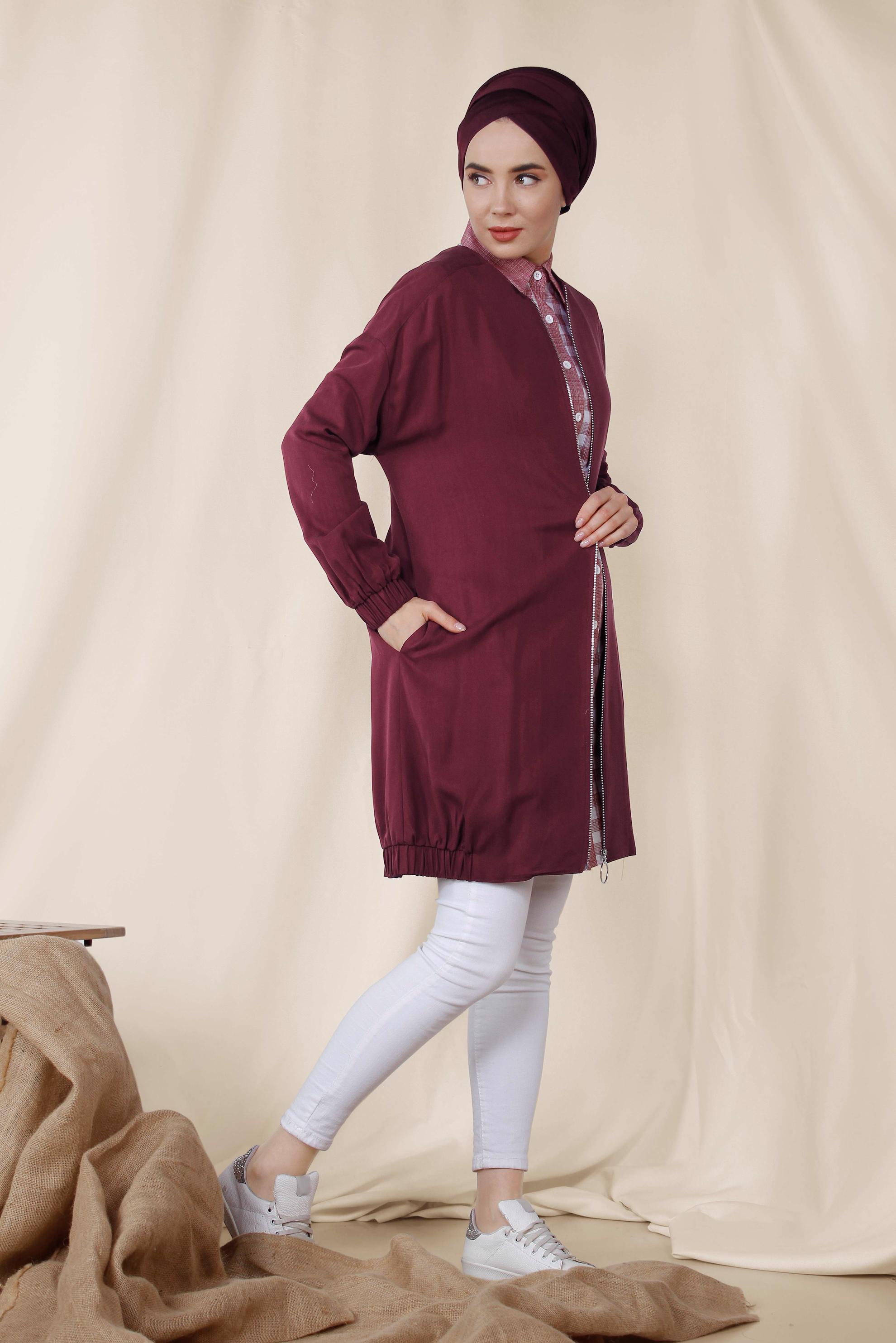Tesettür giyim BORDO LASTİK DETAYLI FERMUARLI GİY ÇIK 4972