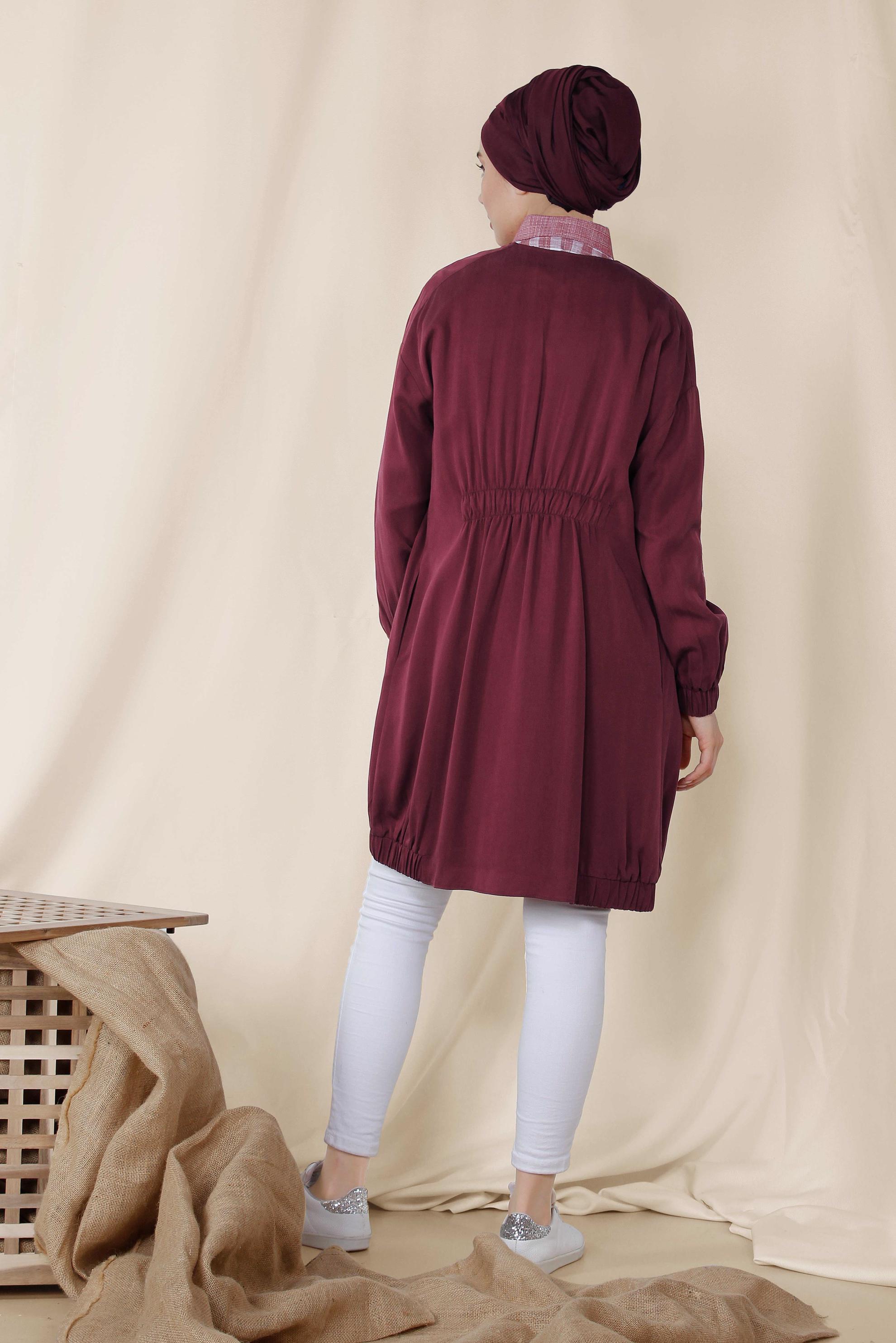 Tesettür giyim BORDO LASTİK DETAYLI FERMUARLI GİY ÇIK 4972