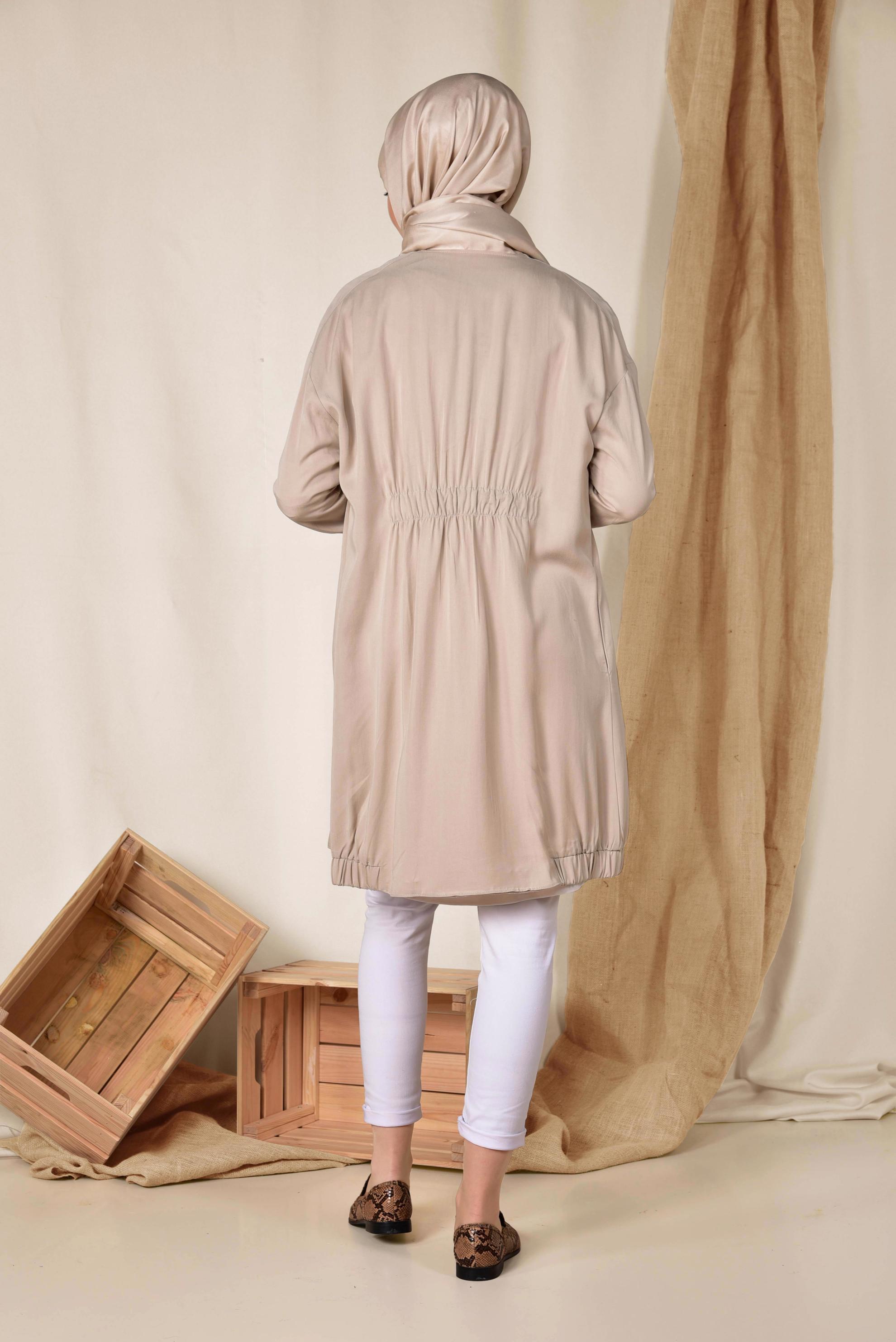 Hijab clothing BEIGE ELASTIC DETAIL ZIPPERED JACKET 4972 