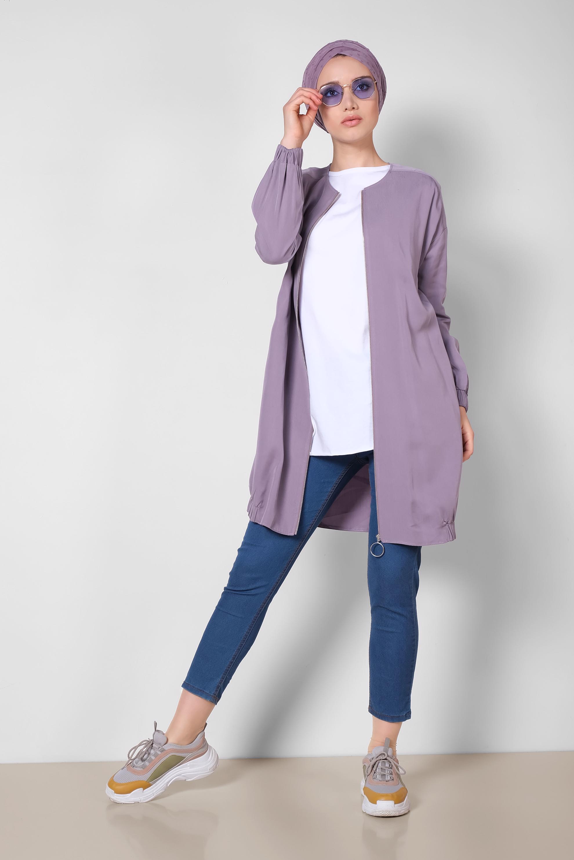 Tesettür giyim MOR LASTİK DETAYLI FERMUARLI GİY ÇIK 4972