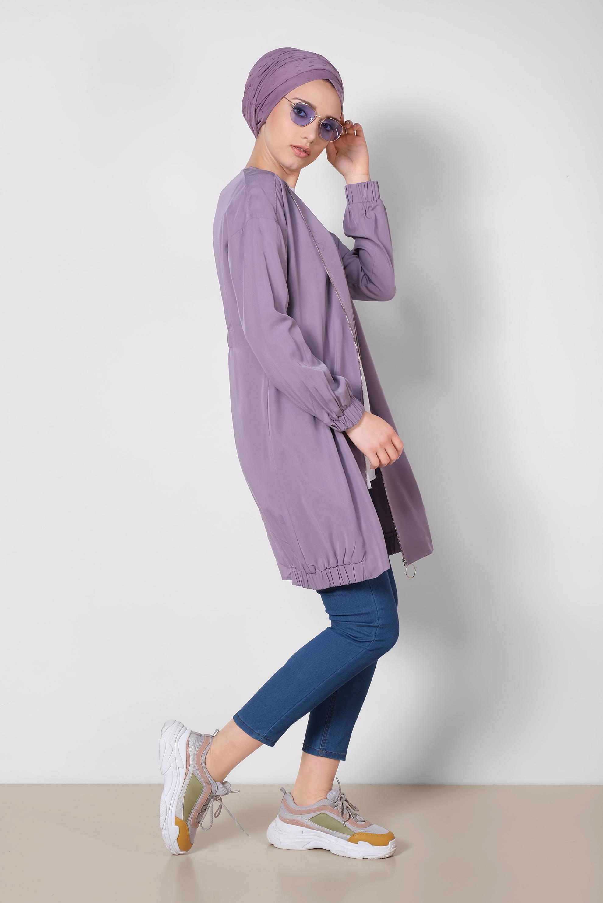 Tesettür giyim MOR LASTİK DETAYLI FERMUARLI GİY ÇIK 4972