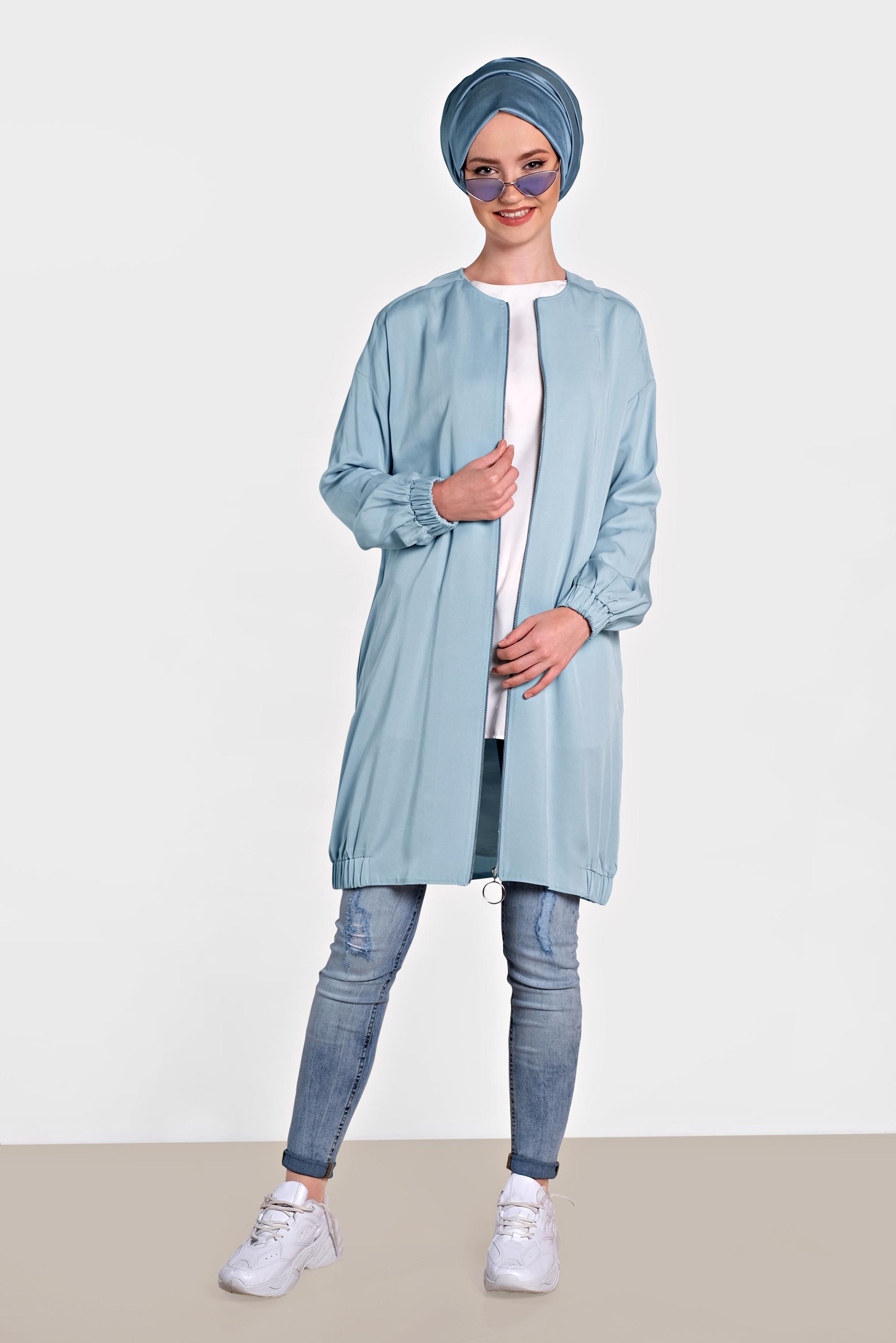 Hijab clothing BLUE ELASTIC DETAIL ZIPPERED JACKET 4972 