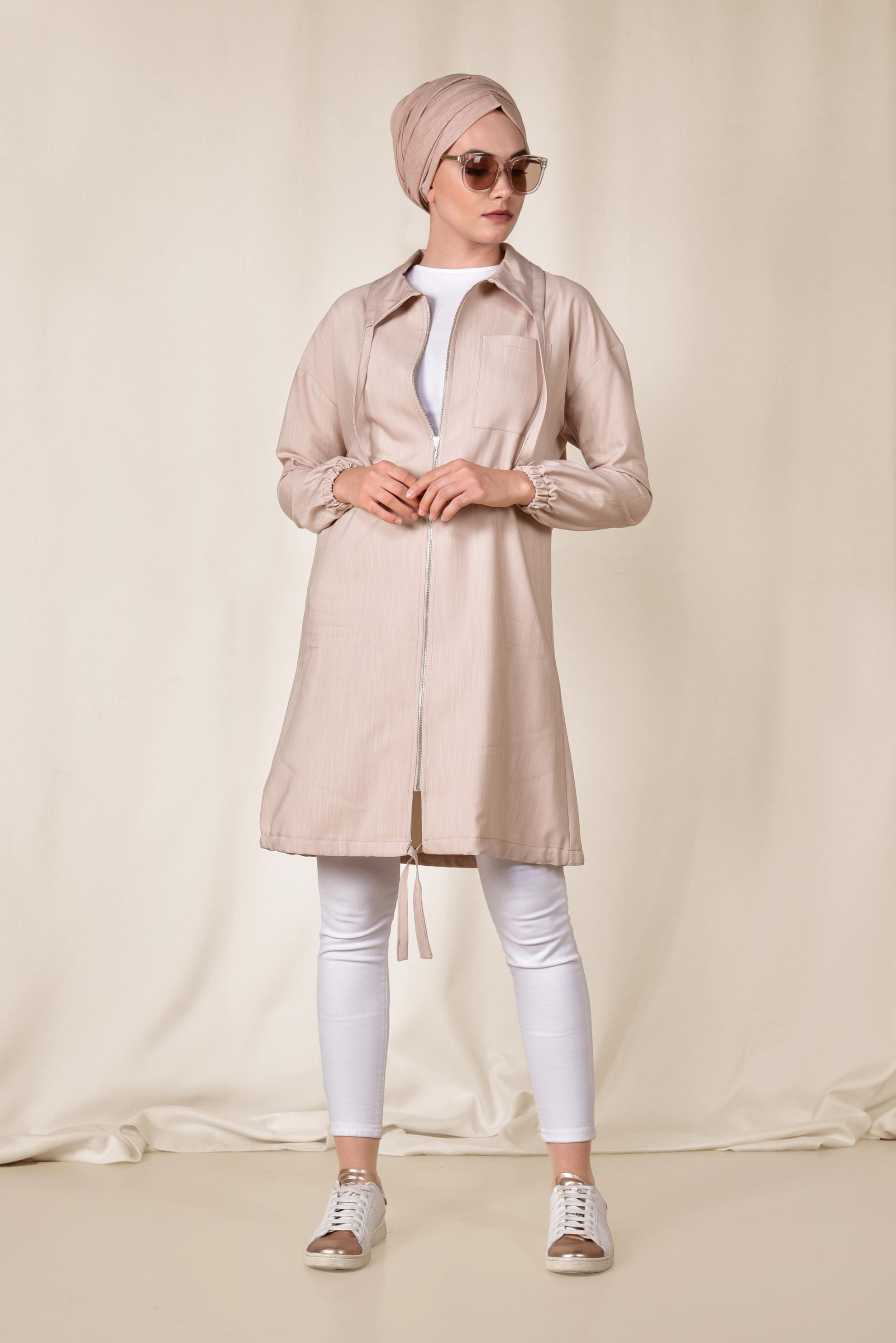 Tesettür giyim BEJ ETEK UCU BÜZGÜLÜ FERMUARLI GİY ÇIK 4984