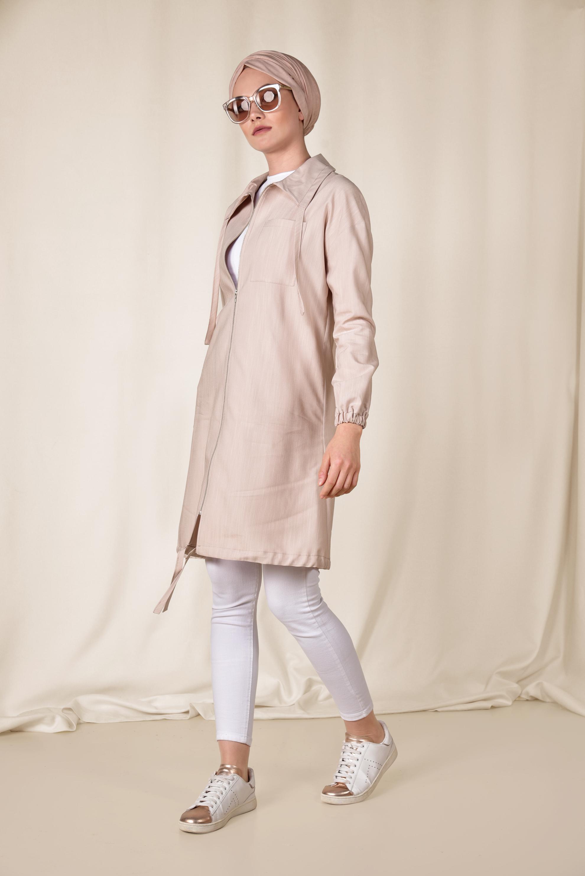 Tesettür giyim BEJ ETEK UCU BÜZGÜLÜ FERMUARLI GİY ÇIK 4984