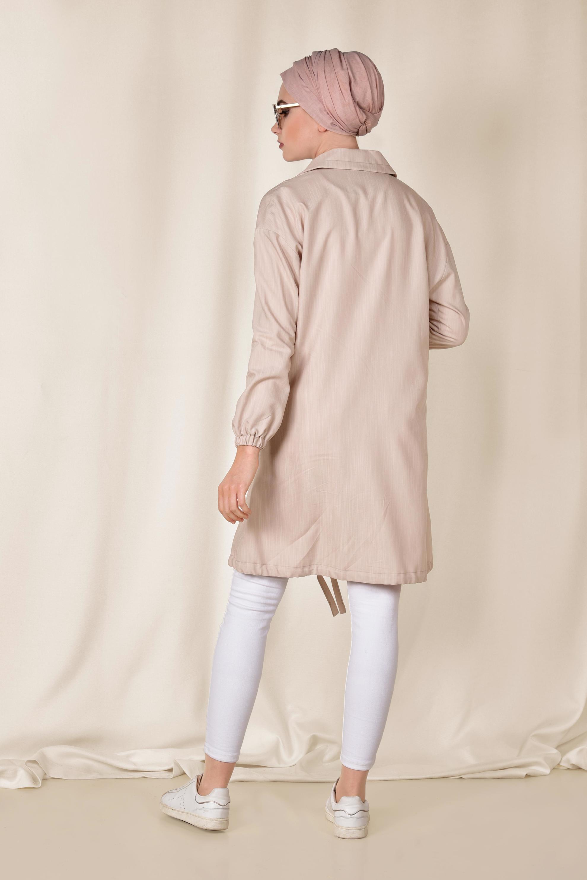 Tesettür giyim BEJ ETEK UCU BÜZGÜLÜ FERMUARLI GİY ÇIK 4984