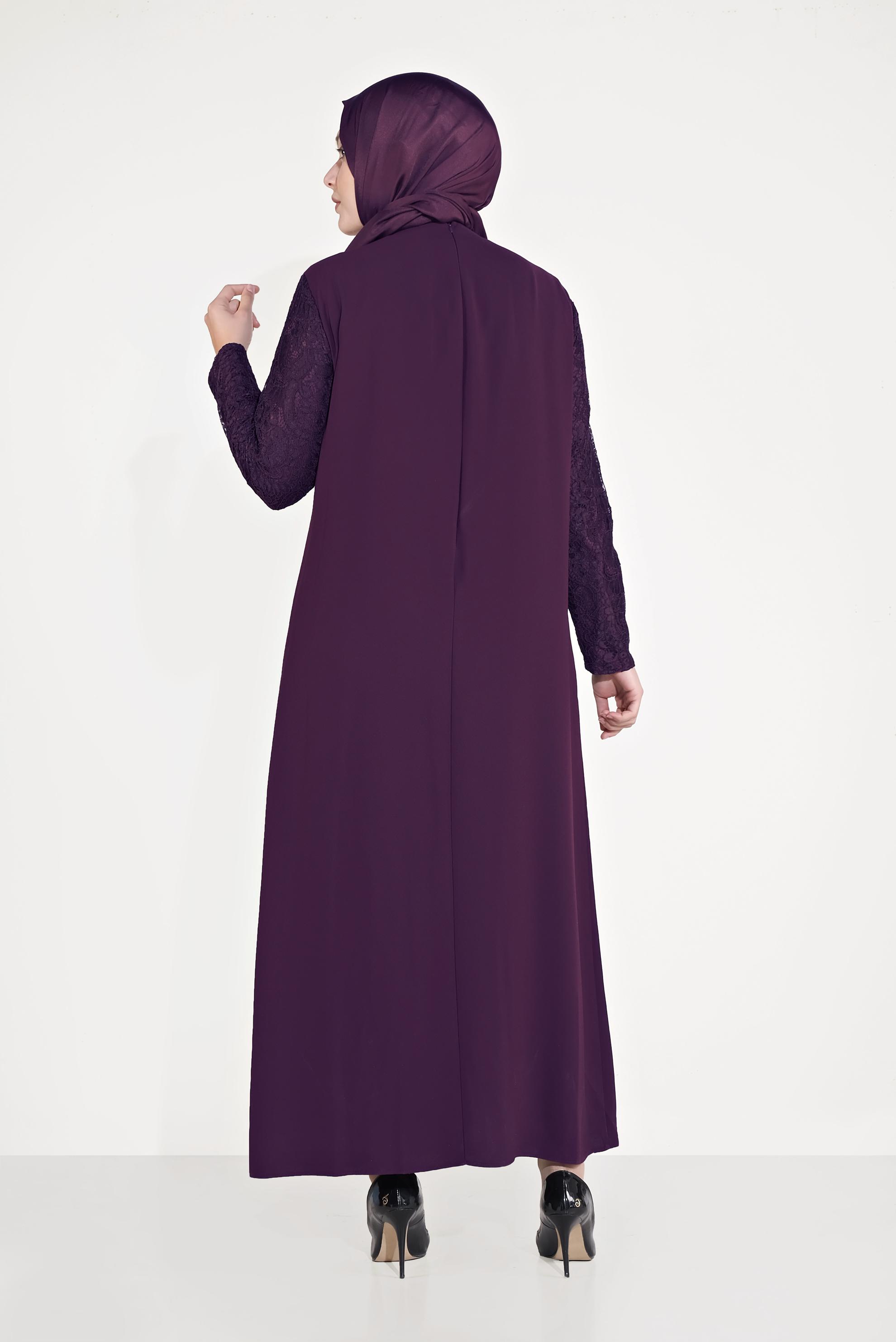 Tesettür giyim MOR DANTELLİ YAKASI TAŞLI ELBİSE 20024 