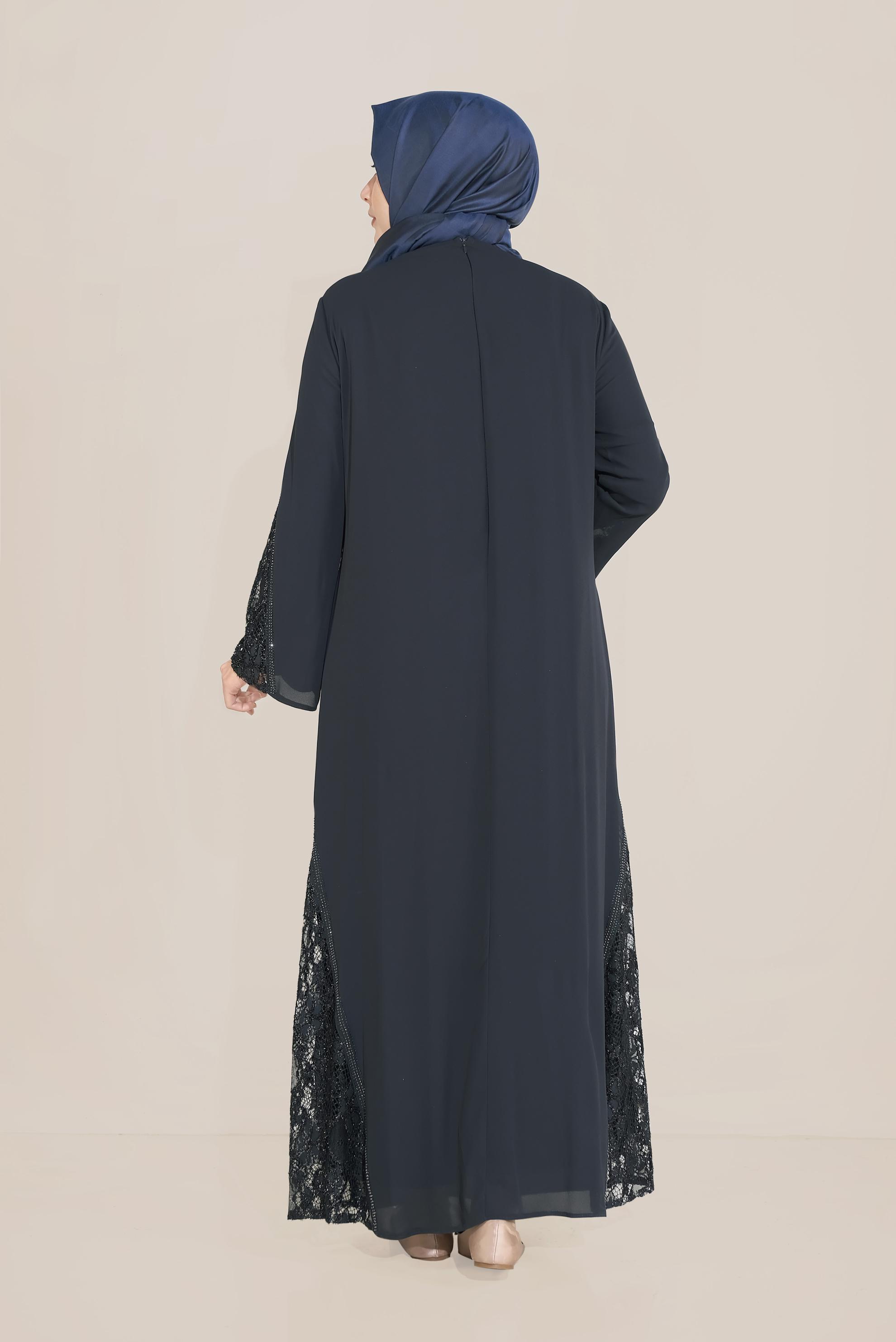 Tesettür giyim LACİVERT DANTEL DETAYLI ŞİFON ELBİSE 20031