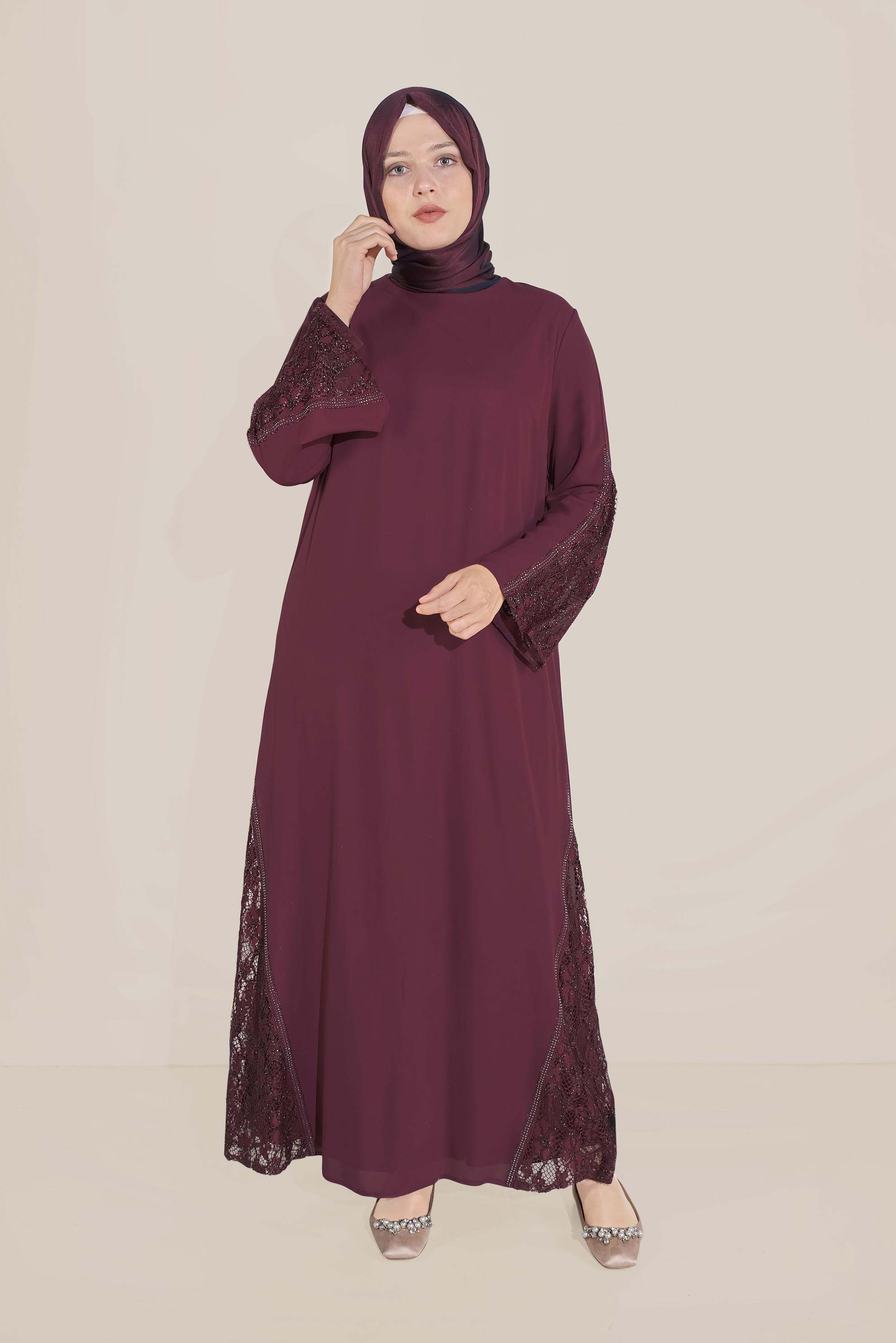 Hijab clothing CLARET RED LACE INSET CHIFFON DRESS 20031