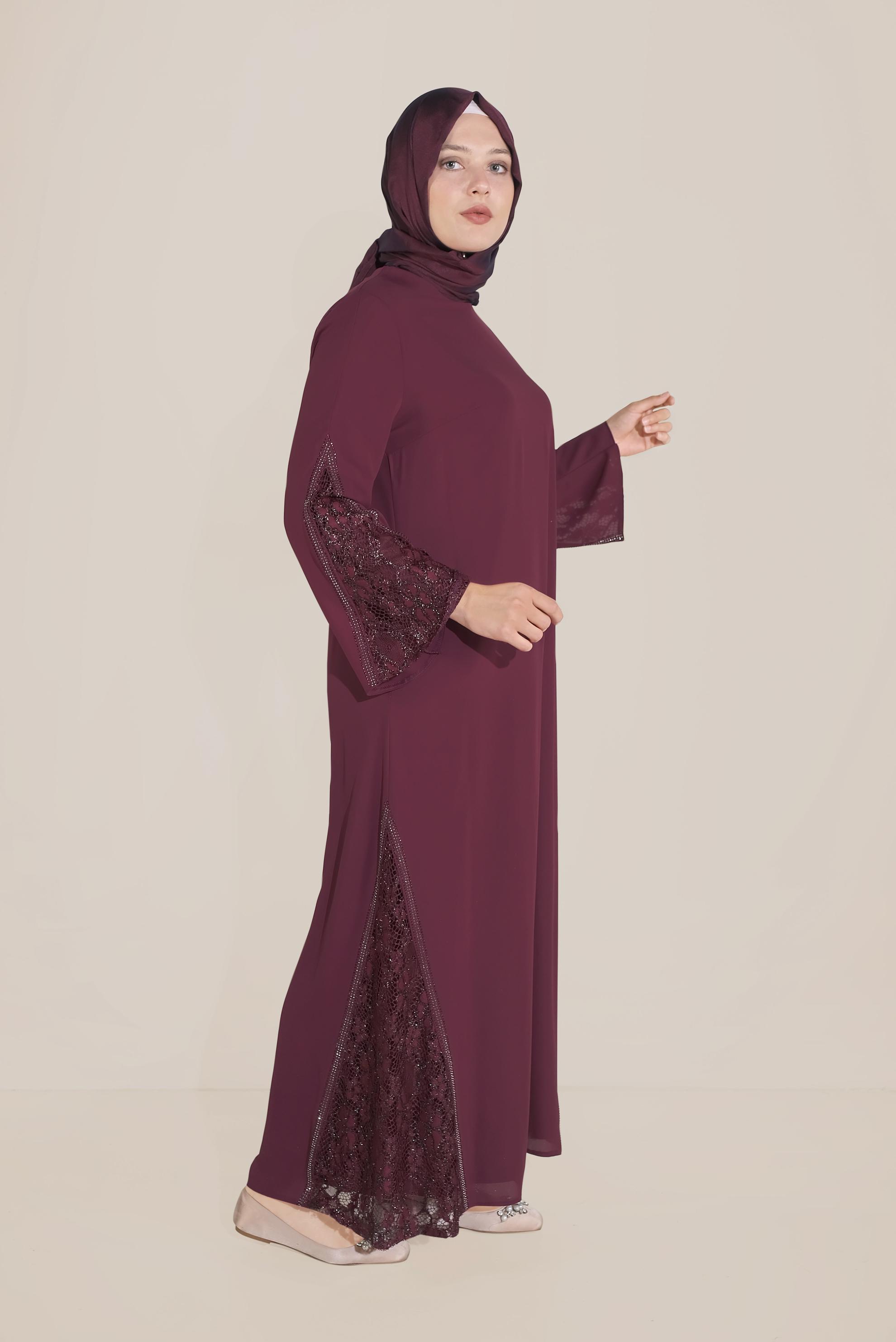 Hijab clothing CLARET RED LACE INSET CHIFFON DRESS 20031