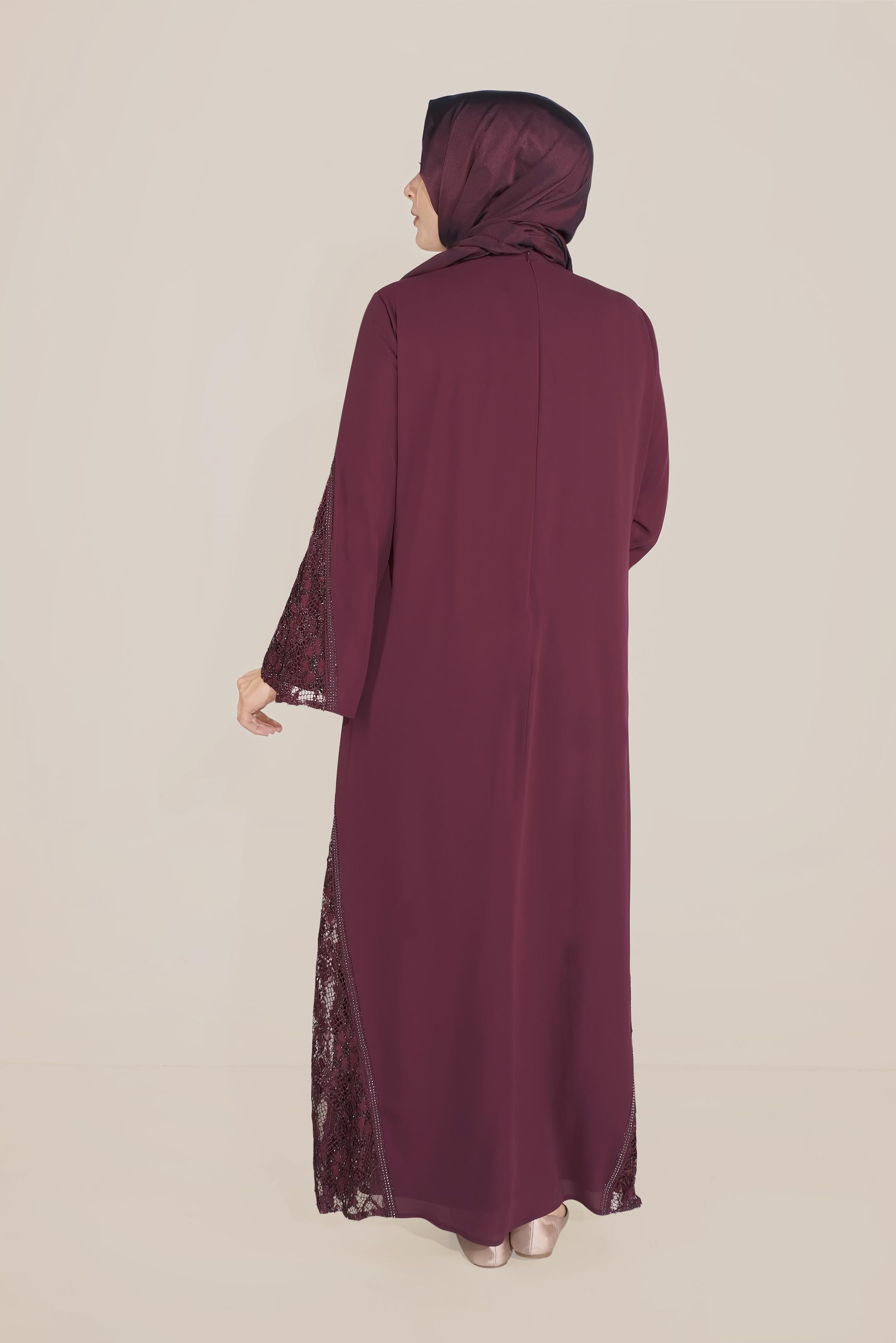 Hijab clothing CLARET RED LACE INSET CHIFFON DRESS 20031