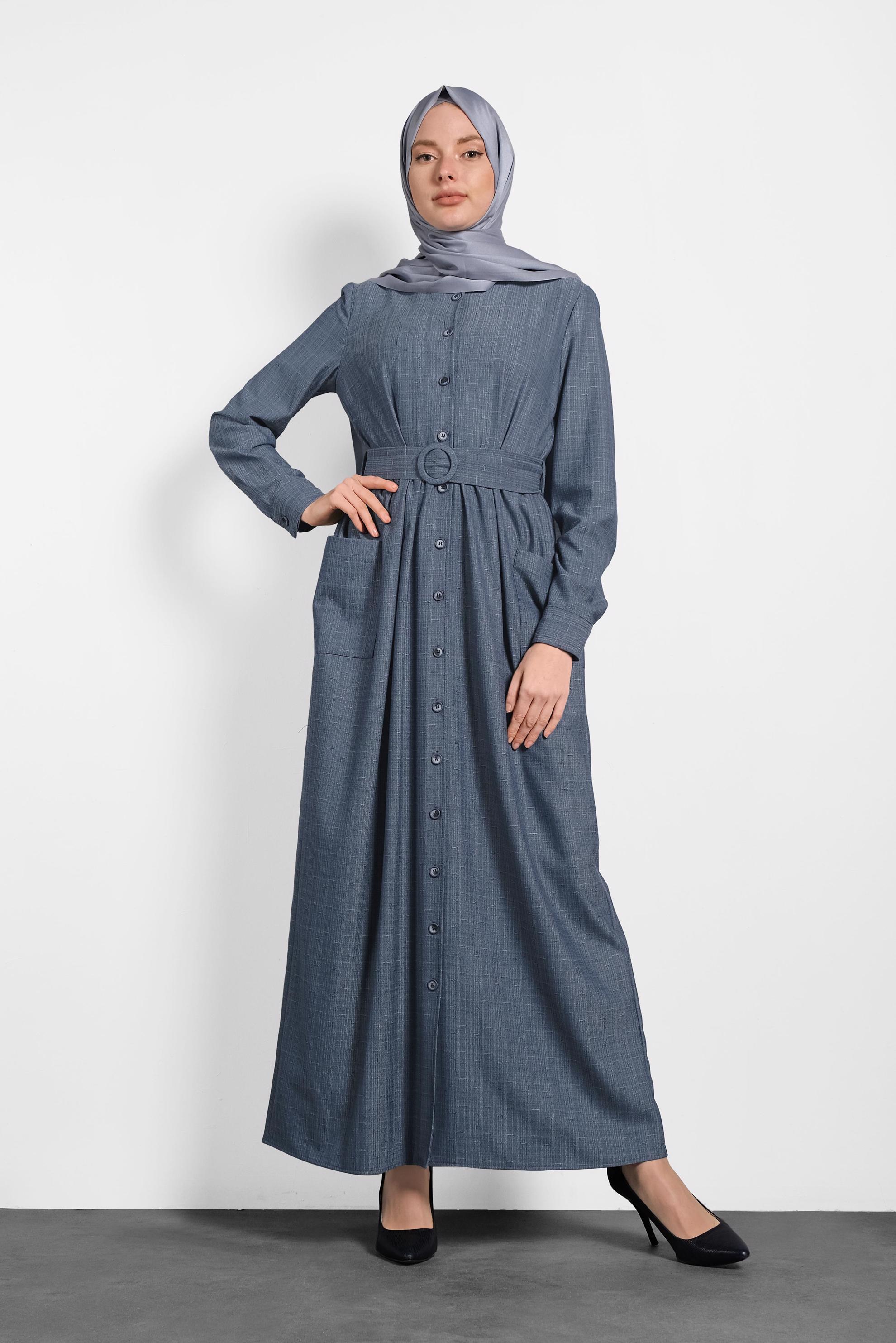 Tesettür giyim LACİVERT BOYDAN DÜĞMELİ CEPLİ ELBİSE 40200