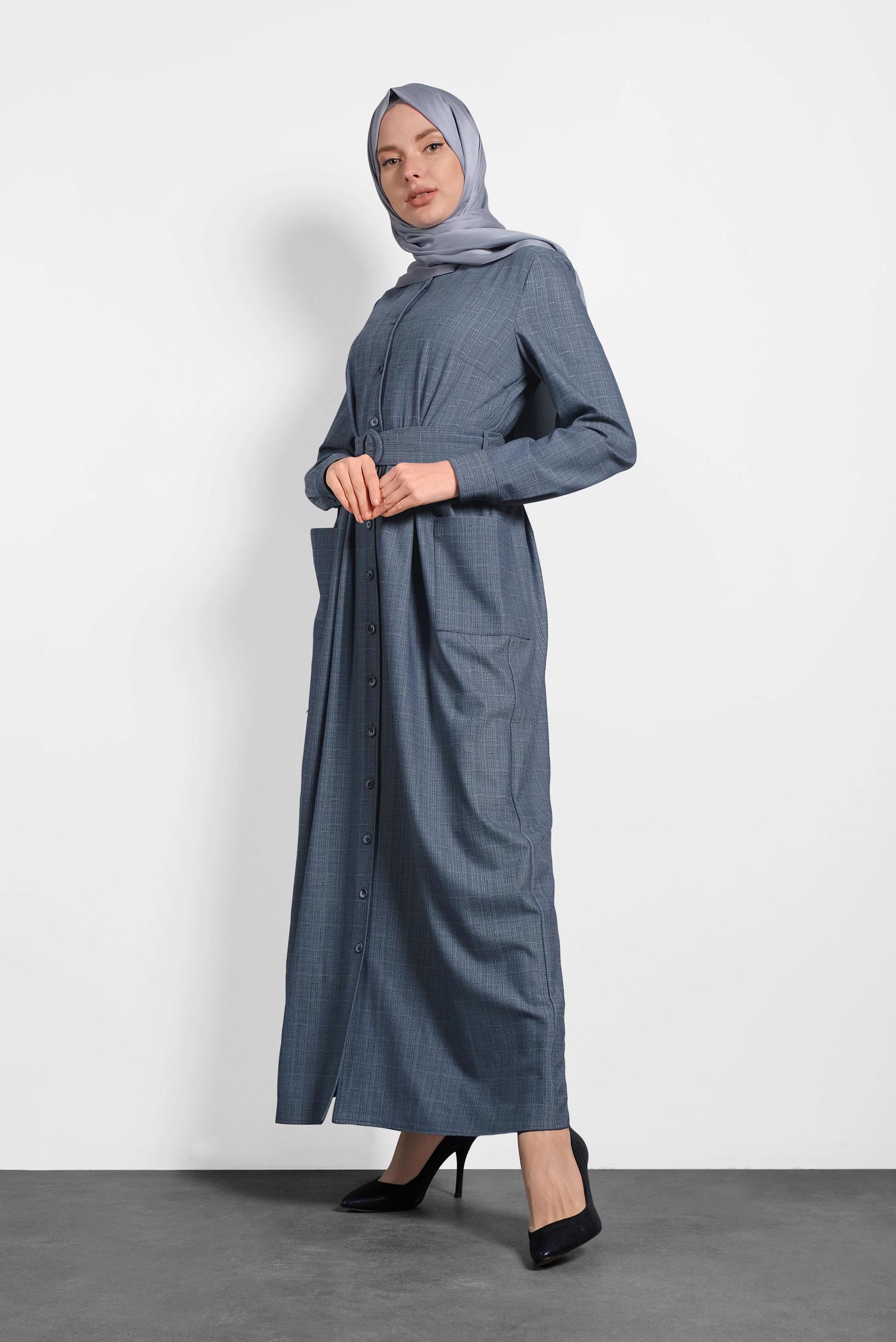 Tesettür giyim LACİVERT BOYDAN DÜĞMELİ CEPLİ ELBİSE 40200