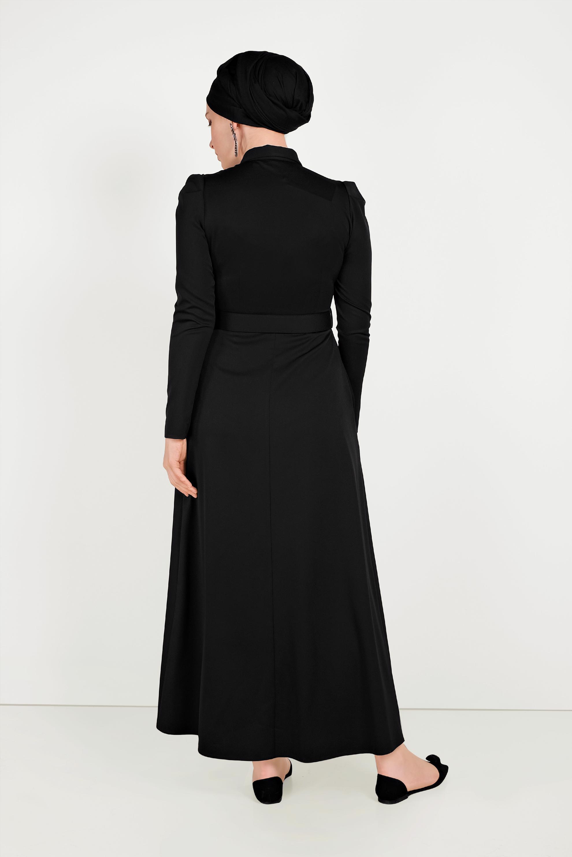 Tesettür giyim SİYAH YAKASI TAŞLI ELBİSE 40455