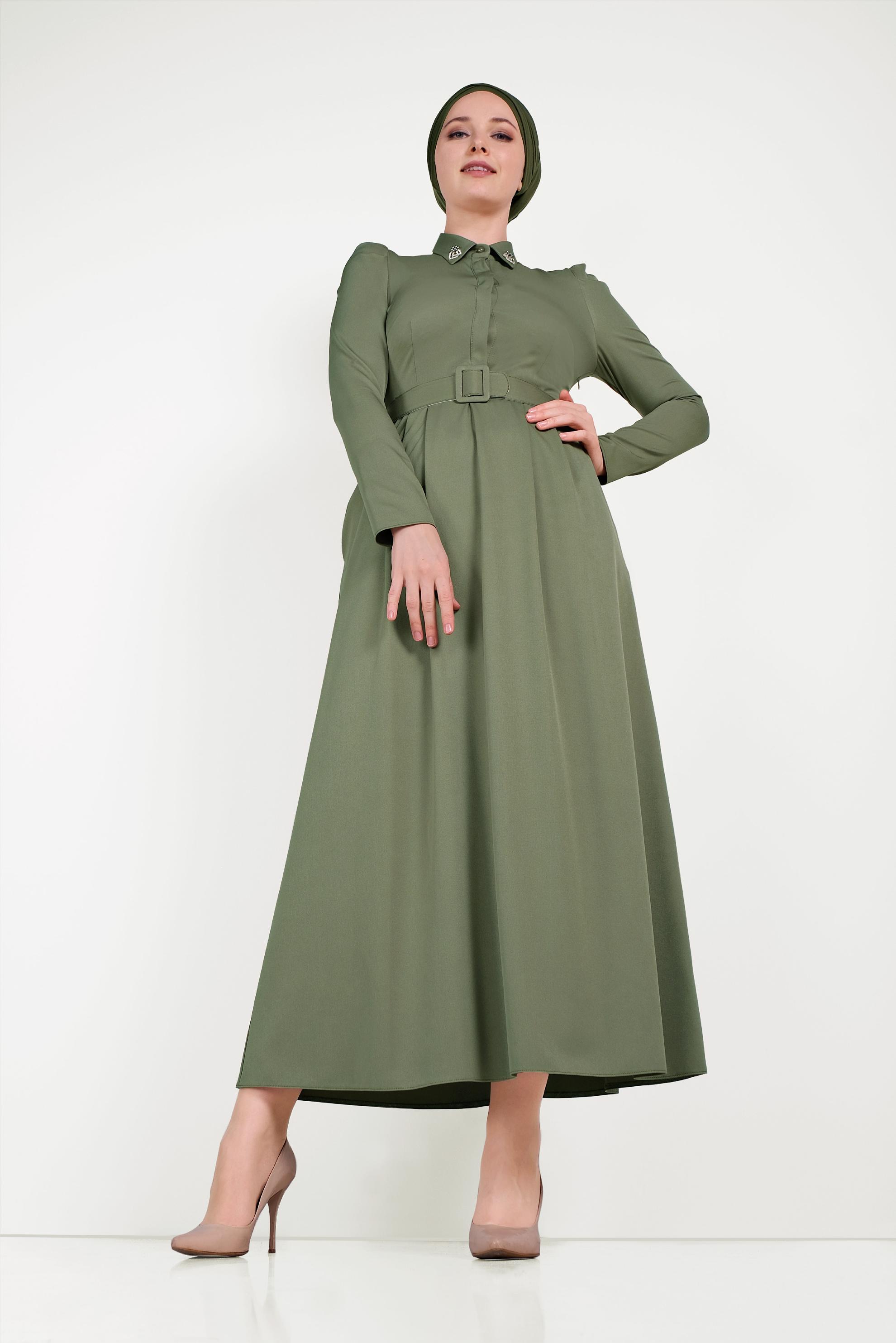 Tesettür giyim HAKİ YAKASI TAŞLI ELBİSE 40455