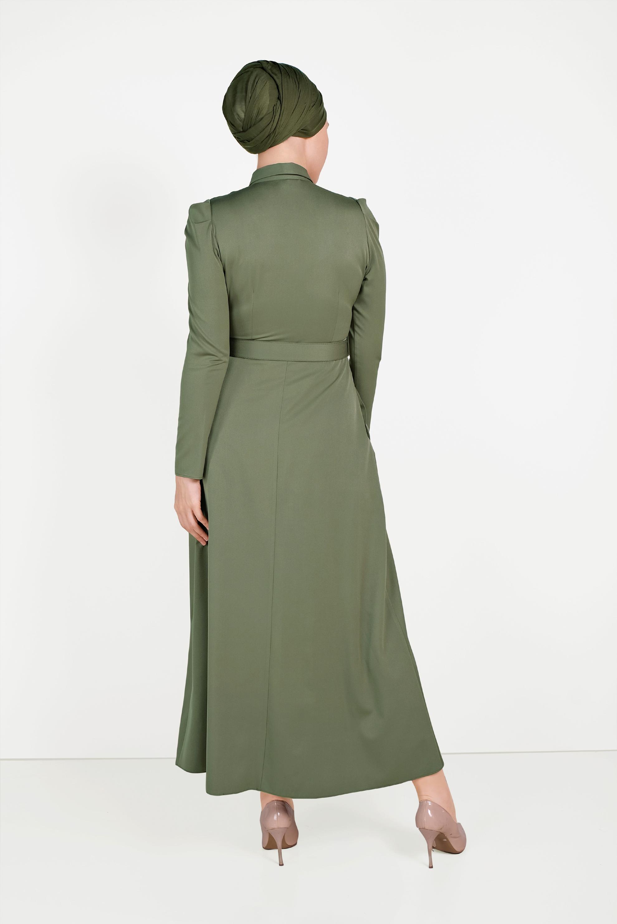 Tesettür giyim HAKİ YAKASI TAŞLI ELBİSE 40455