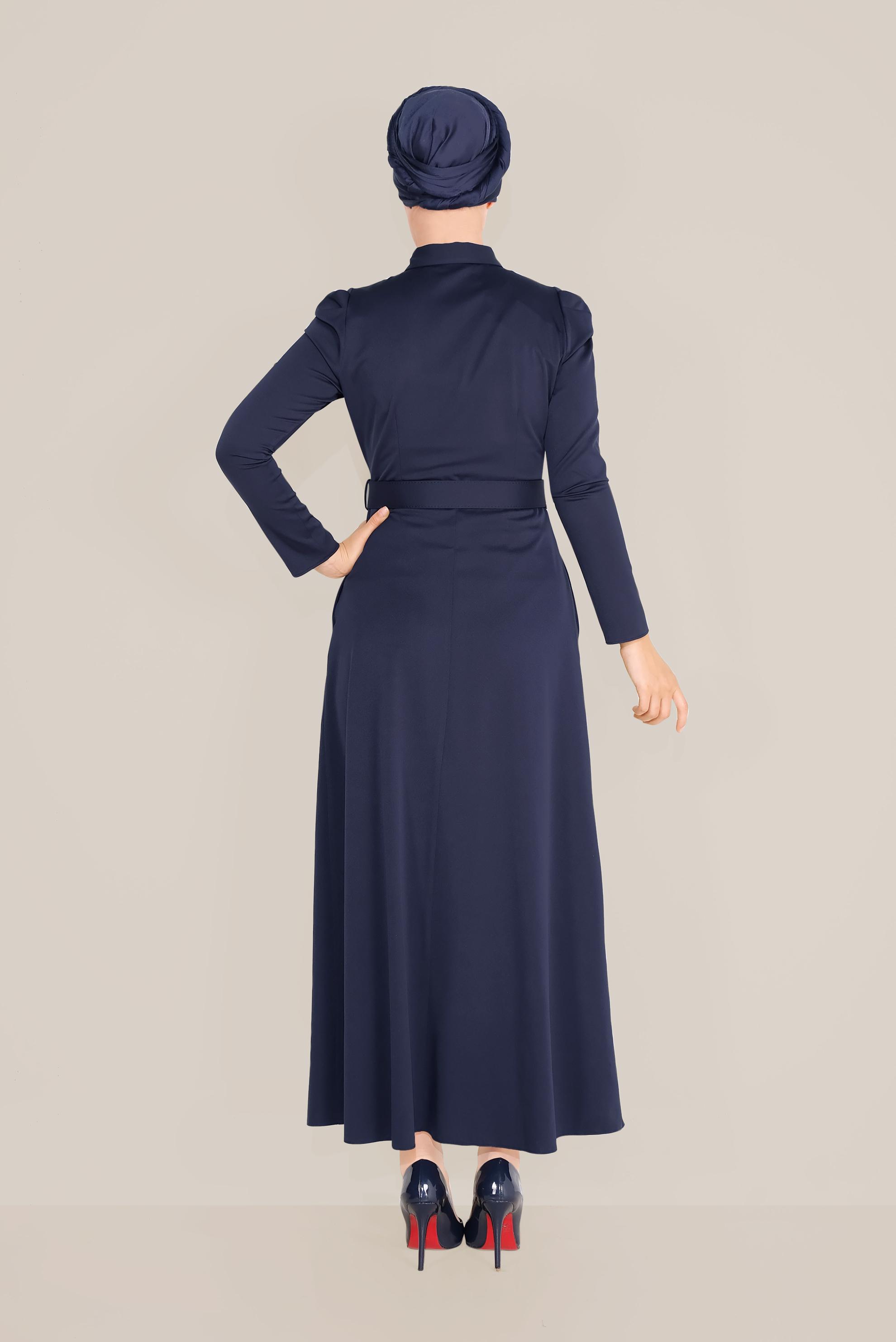 Tesettür giyim LACİVERT YAKASI TAŞLI ELBİSE 40455