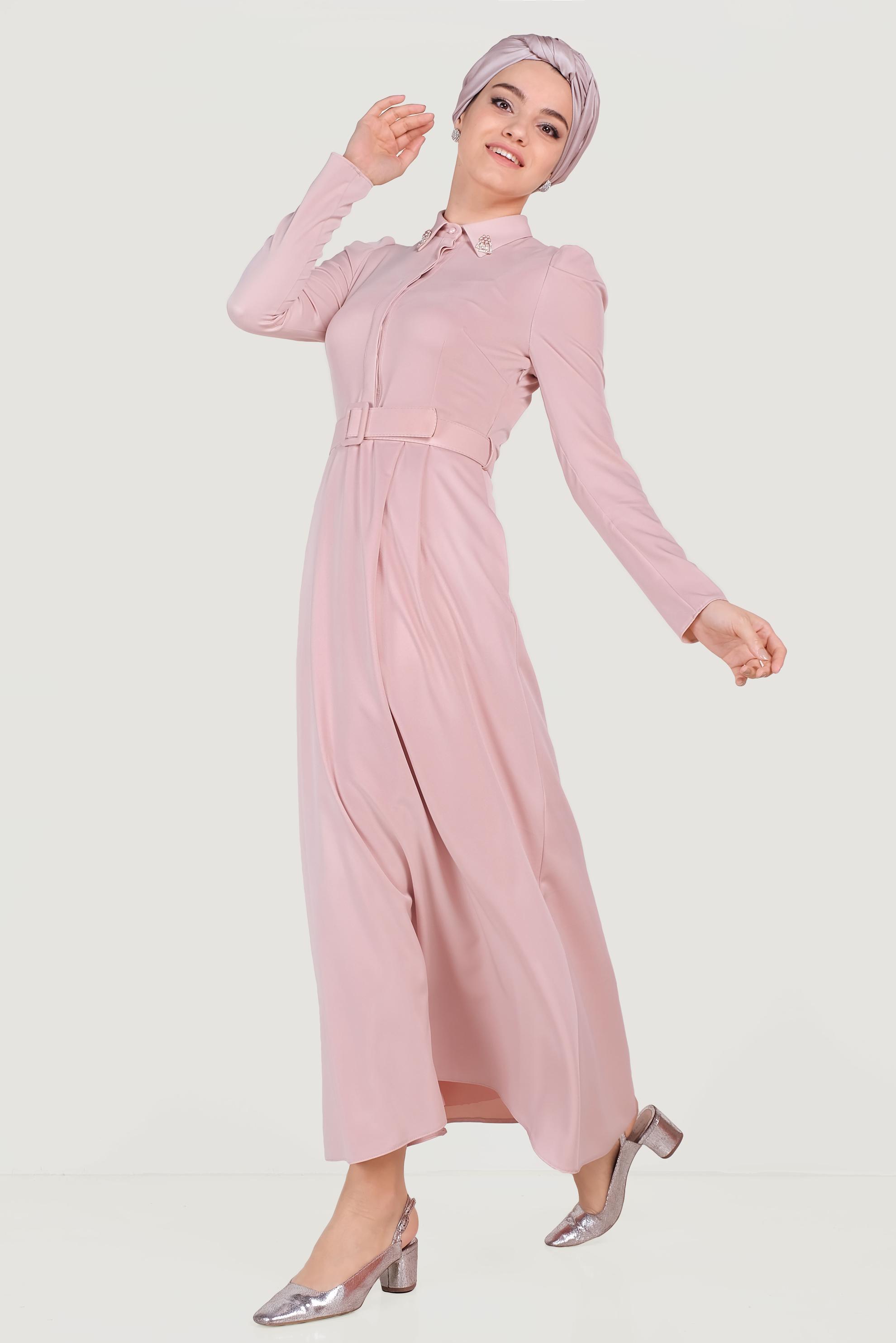 Tesettür giyim PUDRA YAKASI TAŞLI ELBİSE 40455