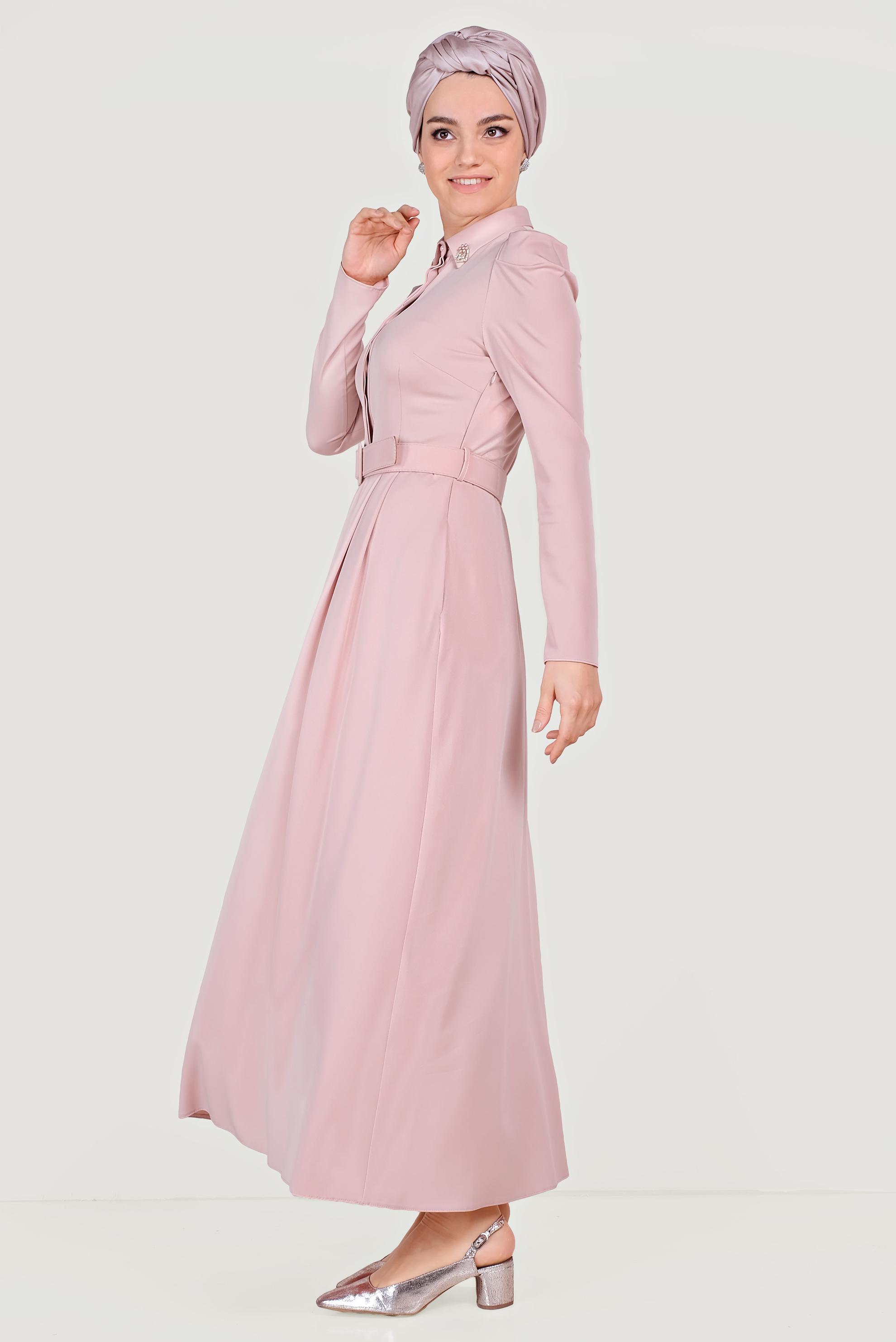 Tesettür giyim PUDRA YAKASI TAŞLI ELBİSE 40455