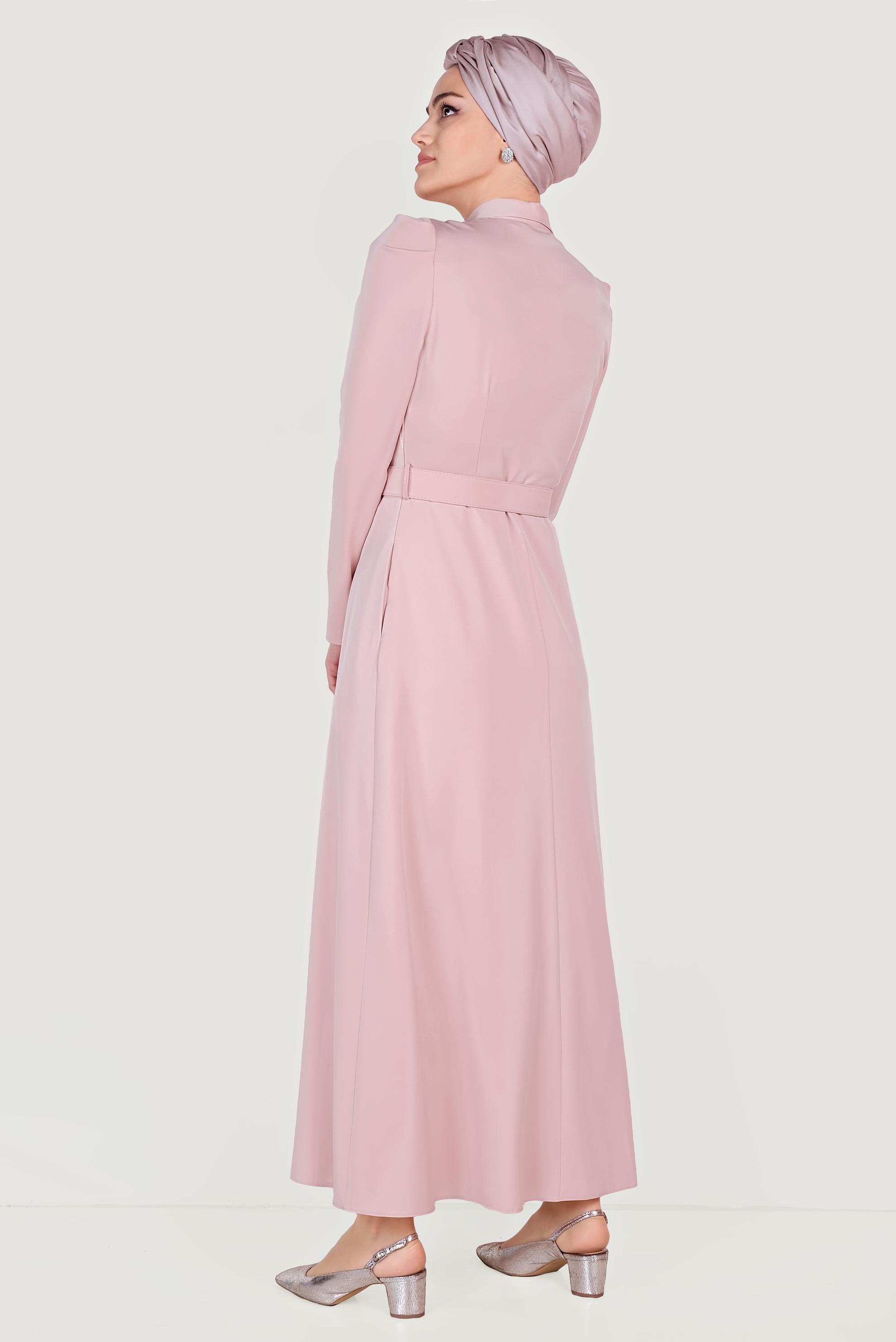 Tesettür giyim PUDRA YAKASI TAŞLI ELBİSE 40455