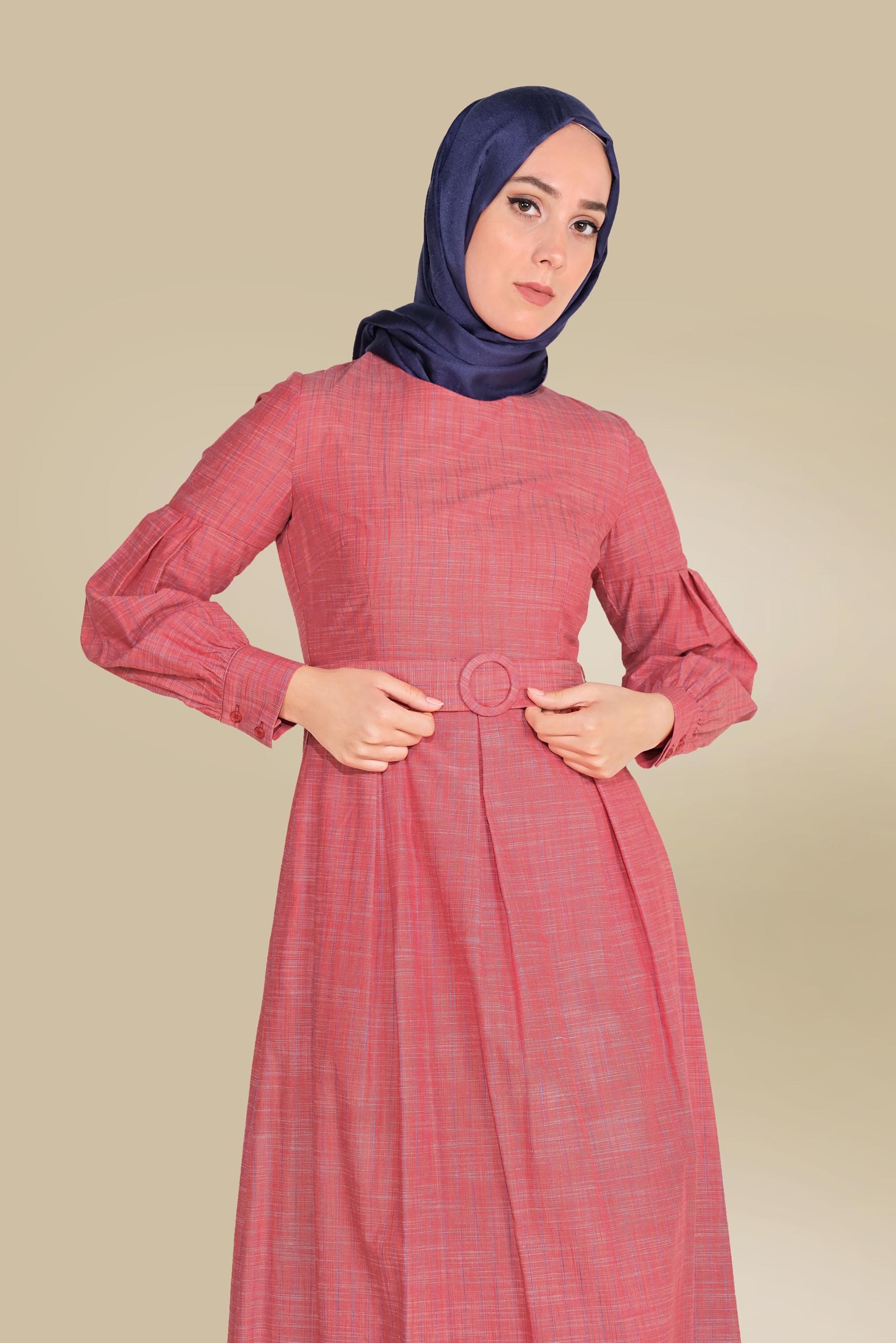 Tesettür giyim KIRMIZI PAMUKLU ÇİZGİ DESENLİ CEPLİ ELBİSE 40457