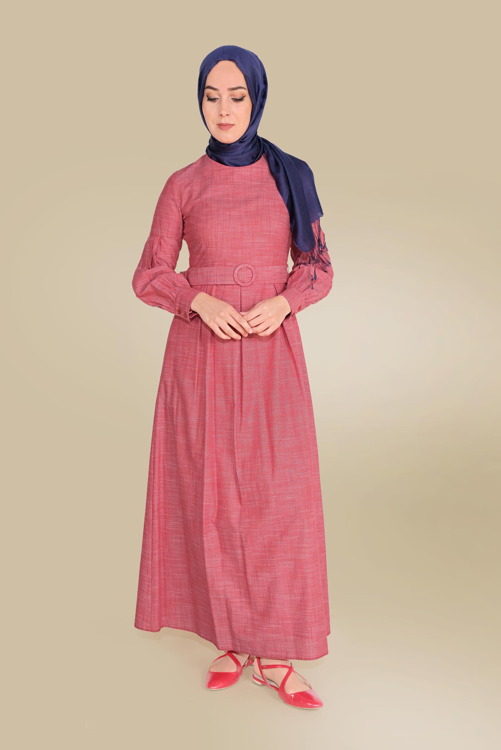 Tesettür giyim KIRMIZI PAMUKLU ÇİZGİ DESENLİ CEPLİ ELBİSE 40457