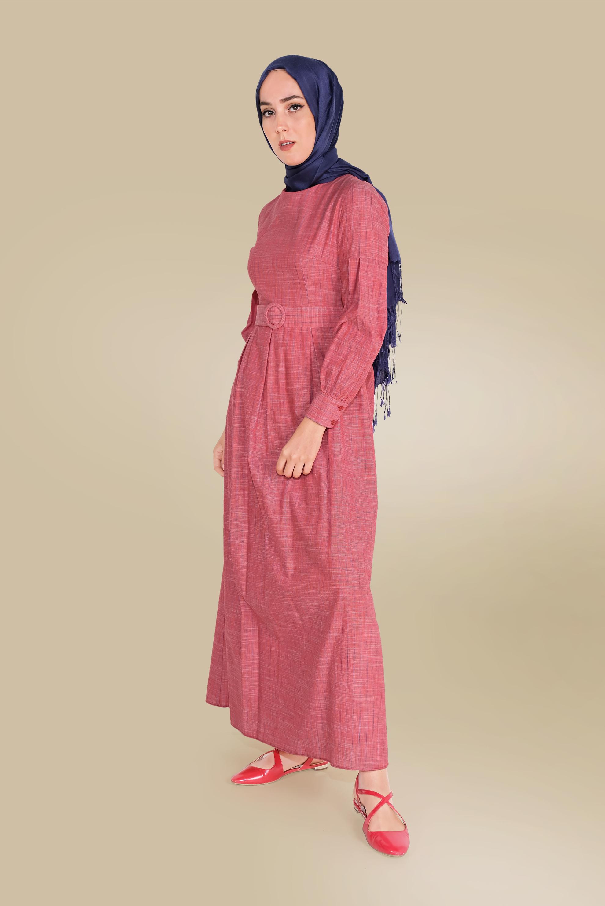 Tesettür giyim KIRMIZI PAMUKLU ÇİZGİ DESENLİ CEPLİ ELBİSE 40457