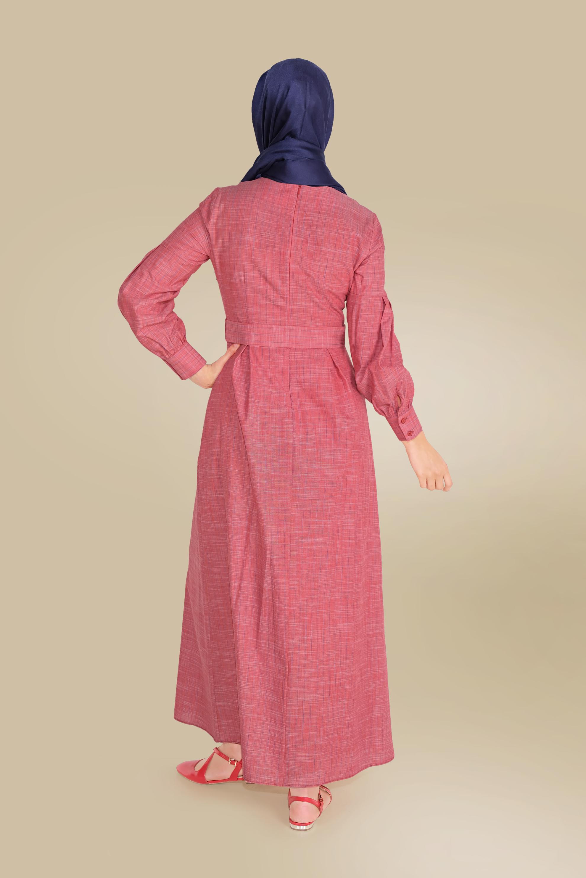 Tesettür giyim KIRMIZI PAMUKLU ÇİZGİ DESENLİ CEPLİ ELBİSE 40457