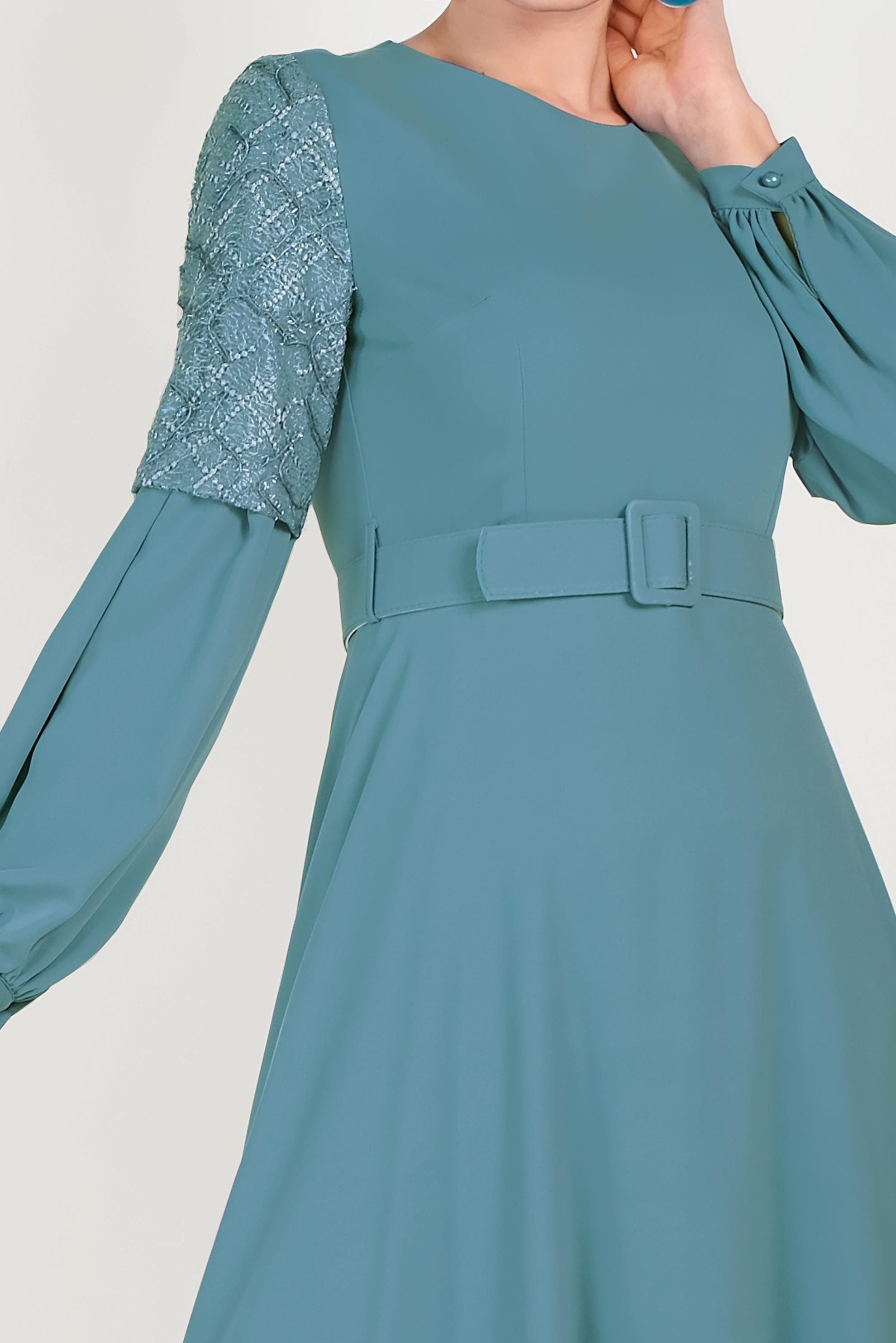 Tesettür giyim MAVİ KOLLARI GÜPÜRLÜ ELBİSE 40458