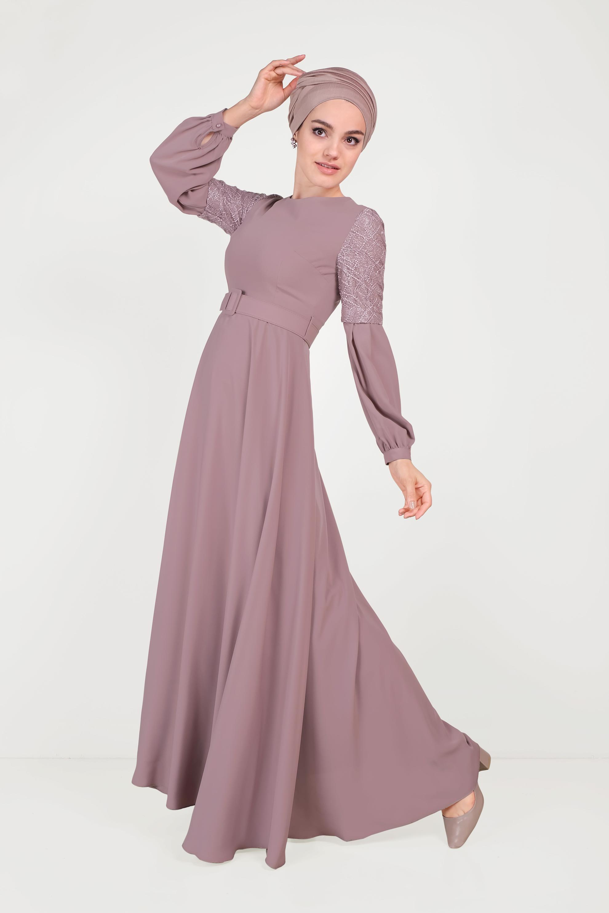 Tesettür giyim PEMBE KOLLARI GÜPÜRLÜ ELBİSE 40458