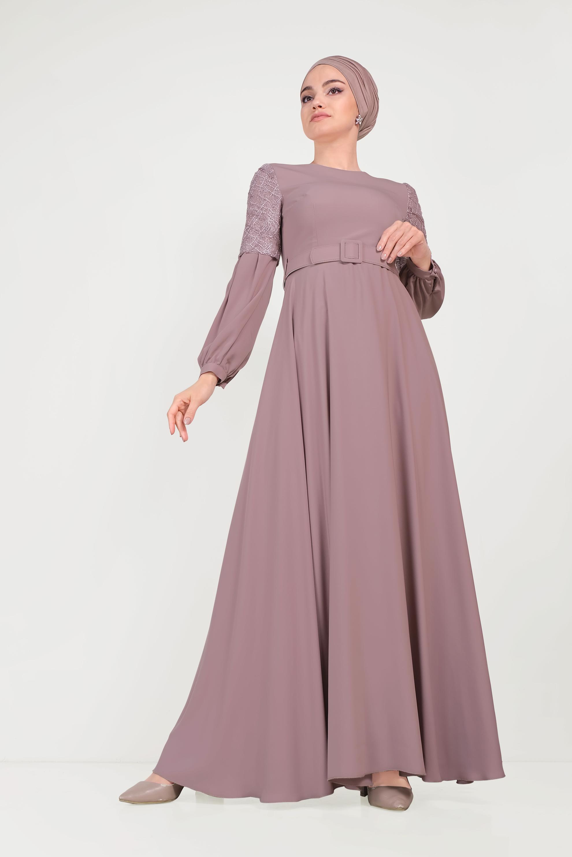 Tesettür giyim PEMBE KOLLARI GÜPÜRLÜ ELBİSE 40458