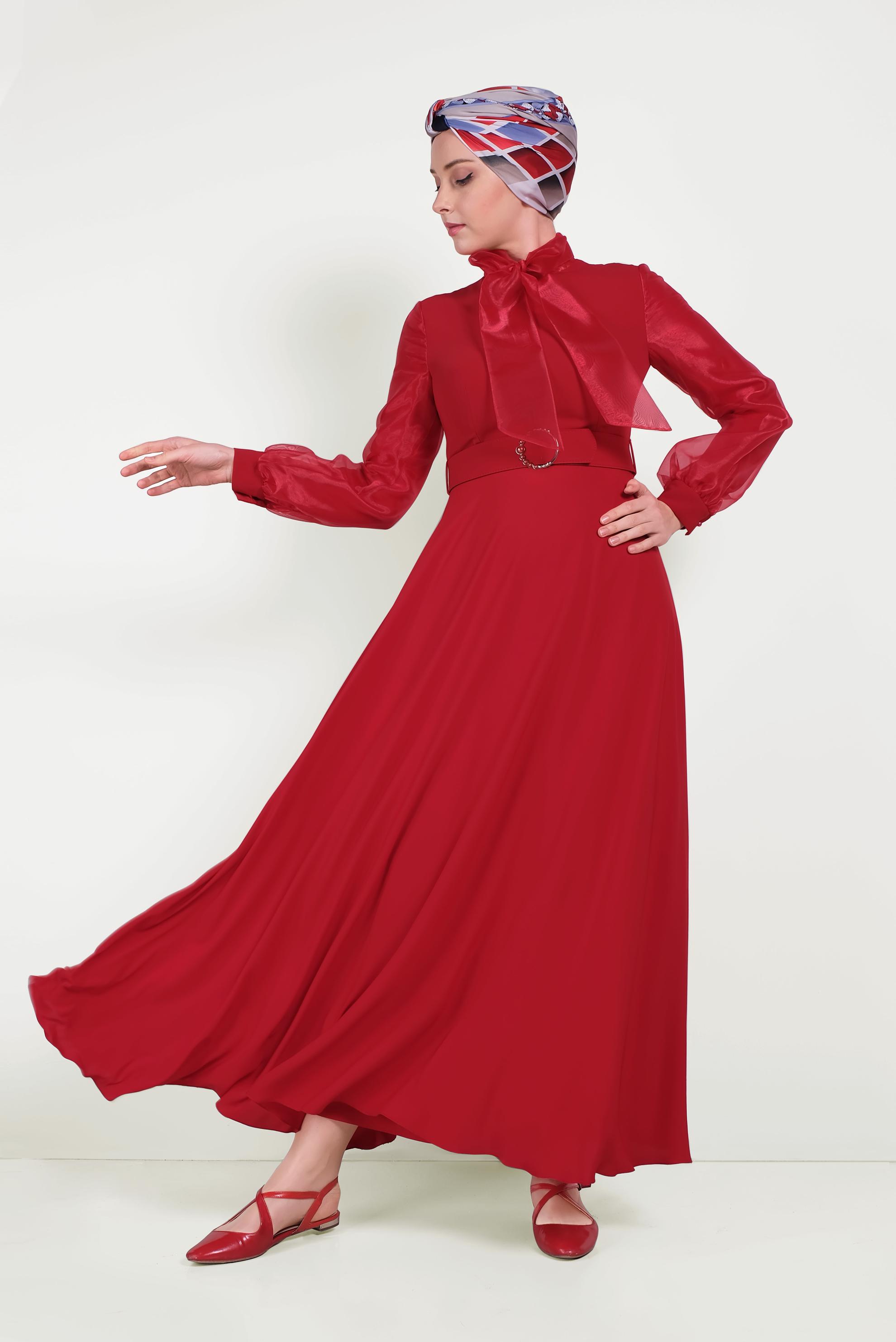 Tesettür giyim KIRMIZI BOYUNDAN BAĞLAMALI TÜL DETAYLI ELBİSE 40459